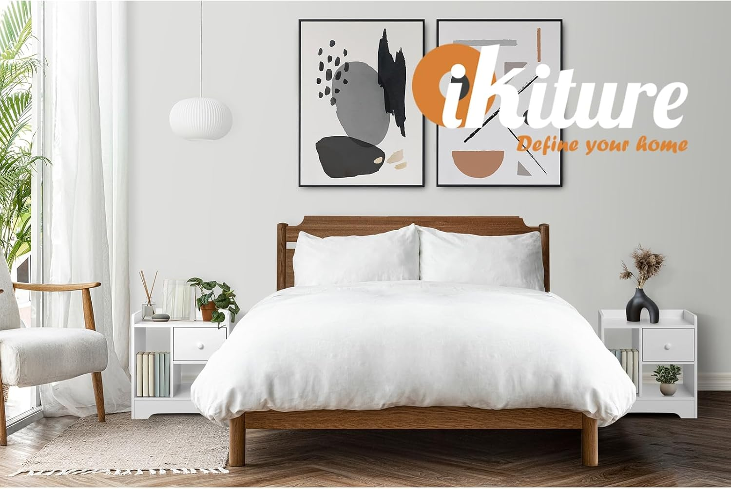 Oikiture Bedside Table with Drawer and Storage Space Side Table Nightstand Home Bedroom Furniture White image number 6