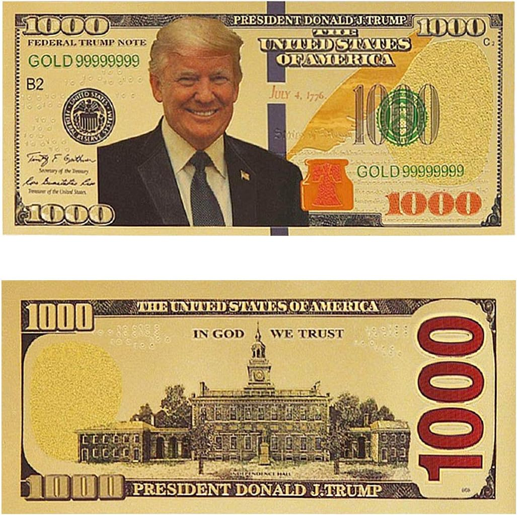 Partyyeah Donald Trump 1000 Dollar Bill Banknote, One Thousand 24K Gold Coated Donald Trump Legacy Limited Edition Million Dollar Bill Great Coin Currency Collectors and Republican (50 Pack) image number 5