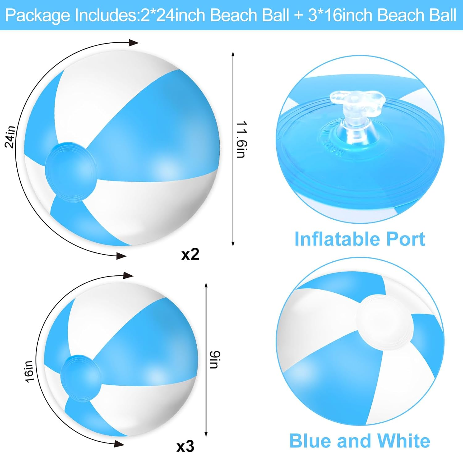 Whaline 5Pcs Inflatable Beach Ball 24 & 16 Inch round Pool PVC Balls Cute Game Toys image number 4