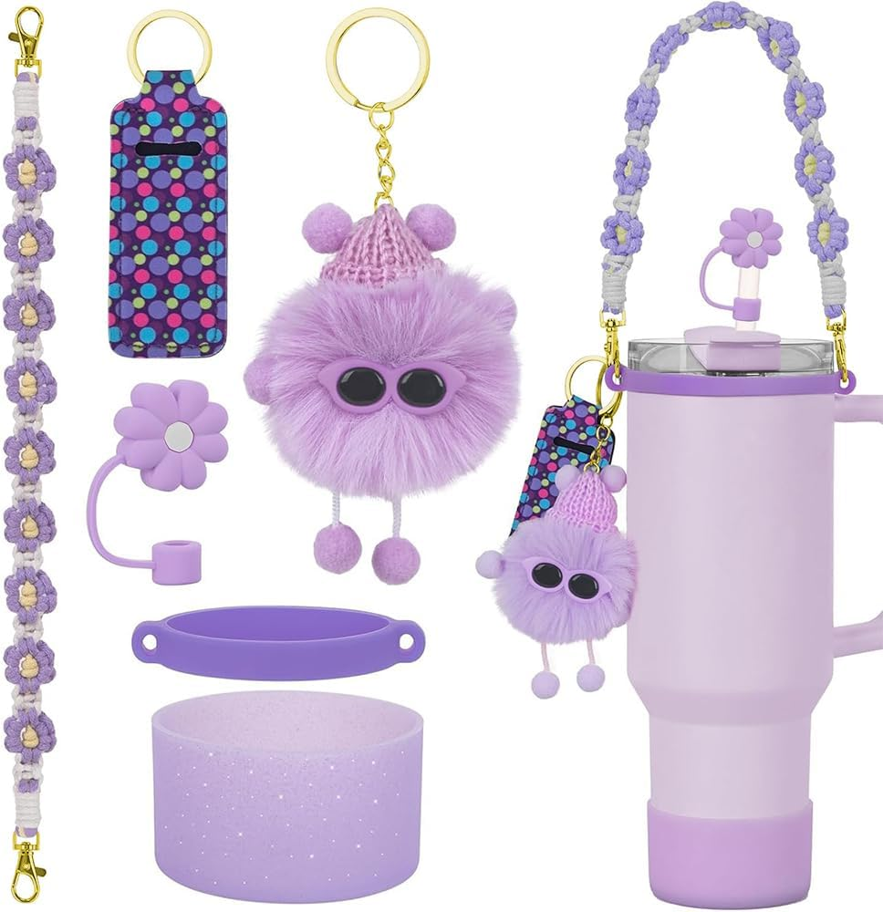 6 PCS Cup Accessories for Stanley Cup, Water Bottle Handle Strap for Stanley 30/40 Oz Tumbler with Handle, Including Straw Toppers, Silicone Cup Boot, Soot Sprite Keychain Charms - Purple