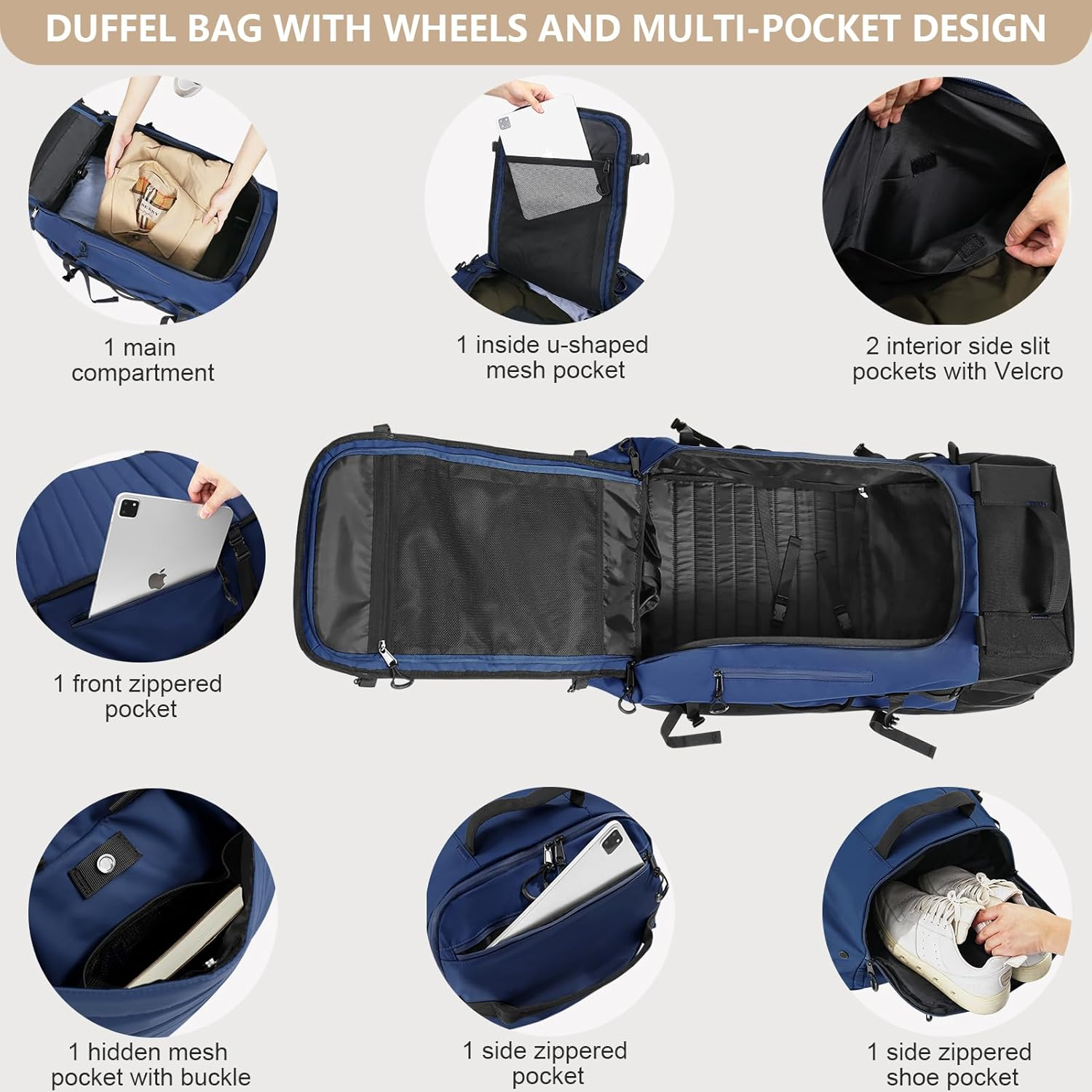 CONTAIL 86L Foldable Wheeled Duffel Backpack with Padded Quilted Bottom, Waterproof Collapsible Travel Duffle Bag with Extended Web Handles, Navy, Litle, Expandable Luggage with Spinner Wheels image number 1