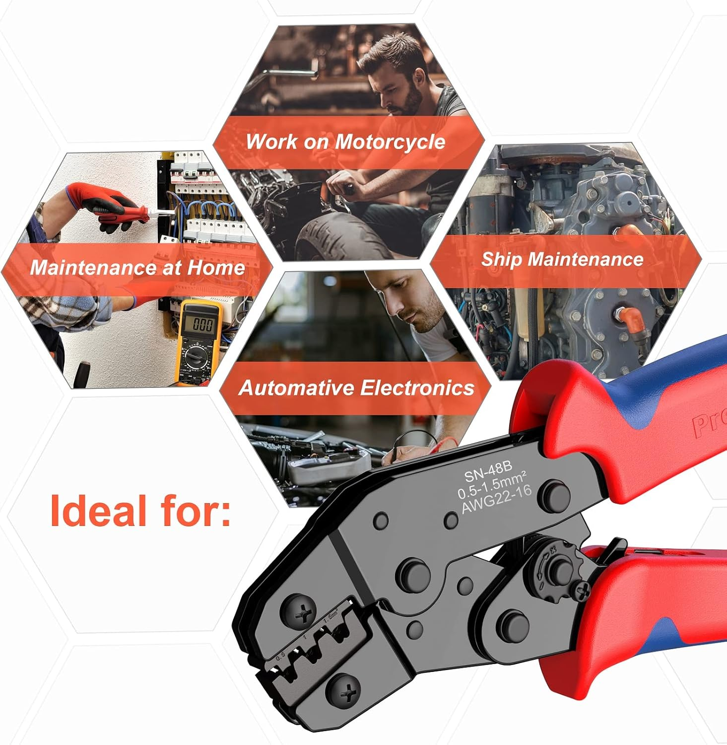 Preciva Ratchet Cable Crimping Tool Kit for Spade Connectors, 0.5-1.5Mm&sup2;/Awg22-16, Electrical Flat Receptacles Plier with 600Pcs Brass Lug Set image number 1