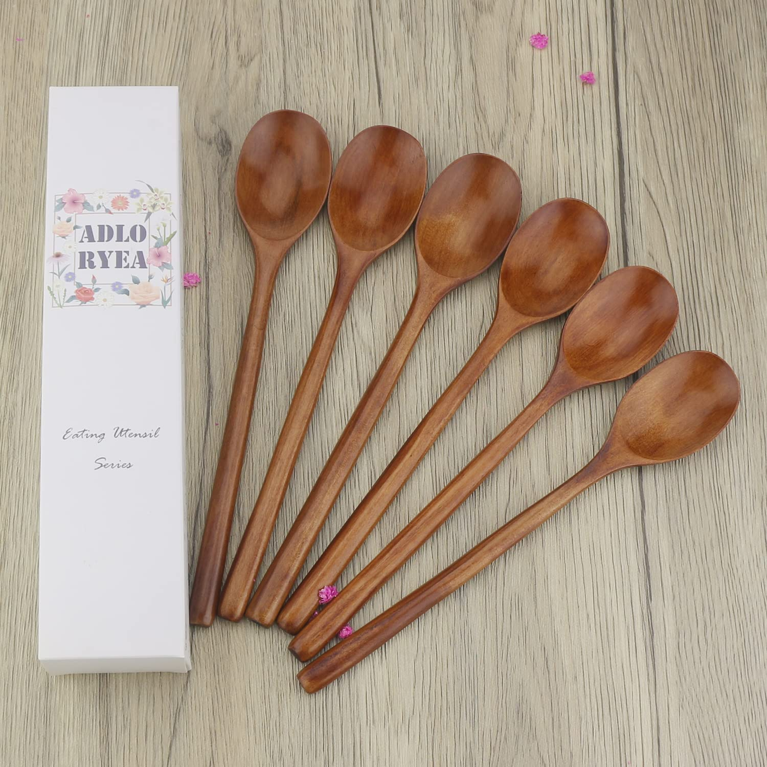 Wooden Spoons, 6 Pieces Wood Soup Spoons for Eating Mixing Stirring Cooking, Long Handle Spoon with Japanese Style Kitchen Utensil, ADLORYEA Eco Friendly Table Spoon image number 3
