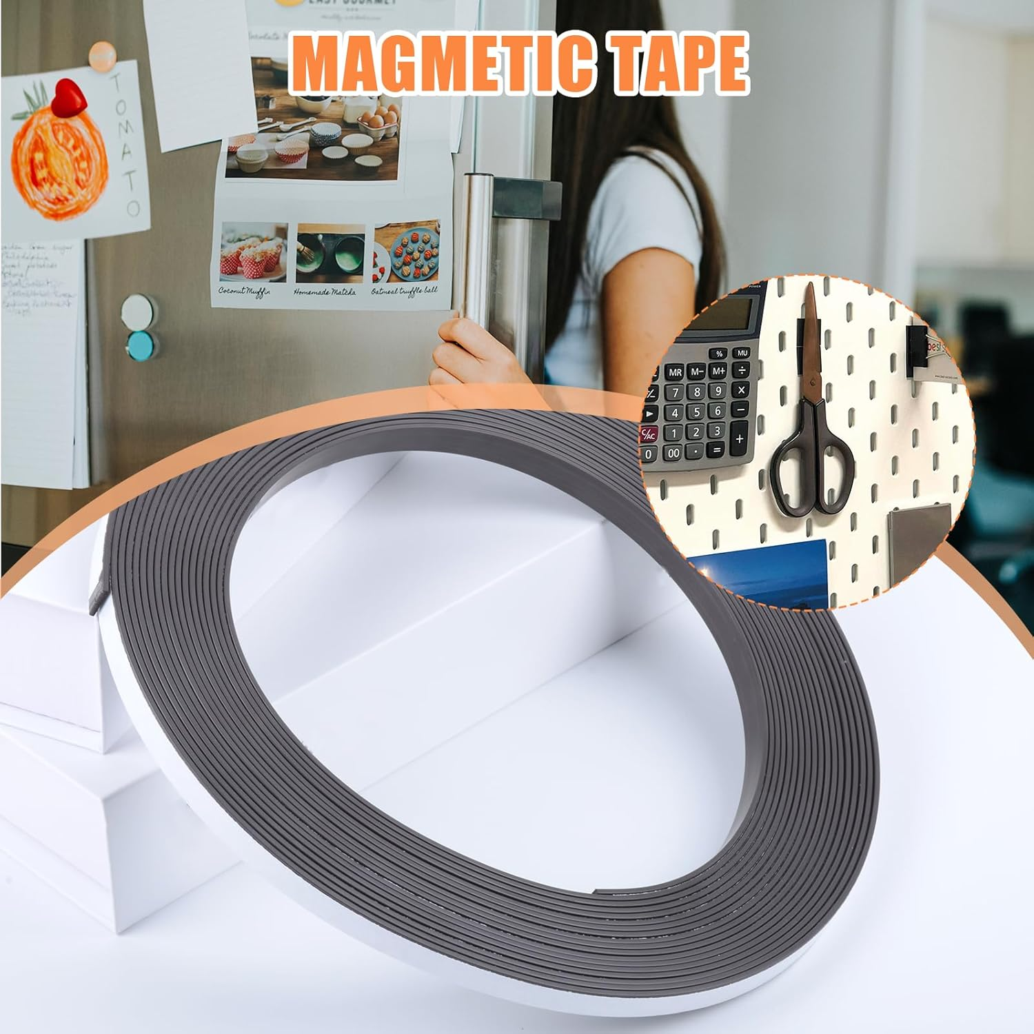 Magnetic Tape, Flexible Self Adhesive Magnetic Strip, 0.39'' Wide X 32 Ft Long Sticky Magnets for Whiteboard Art Projects, Perfect Magnetic Tape Roll for Craft and DIY Projects and Fridge Organization image number 2
