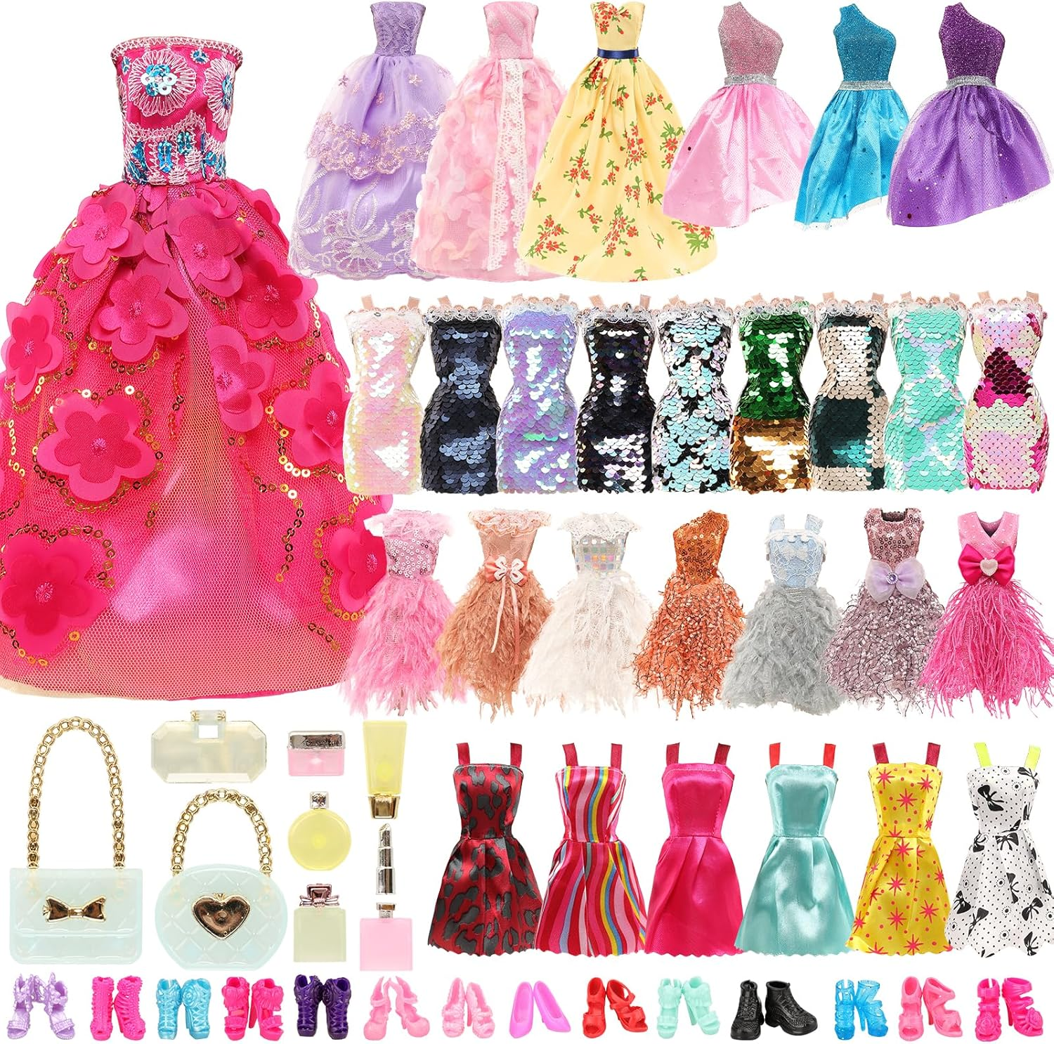 Barwa 12 Set Dresses Party Gown Sequin Fashion Dresses with 10 Shoes 9 Dressing up Accessories Clothes for 11.5 Inch Girl Doll image number 1