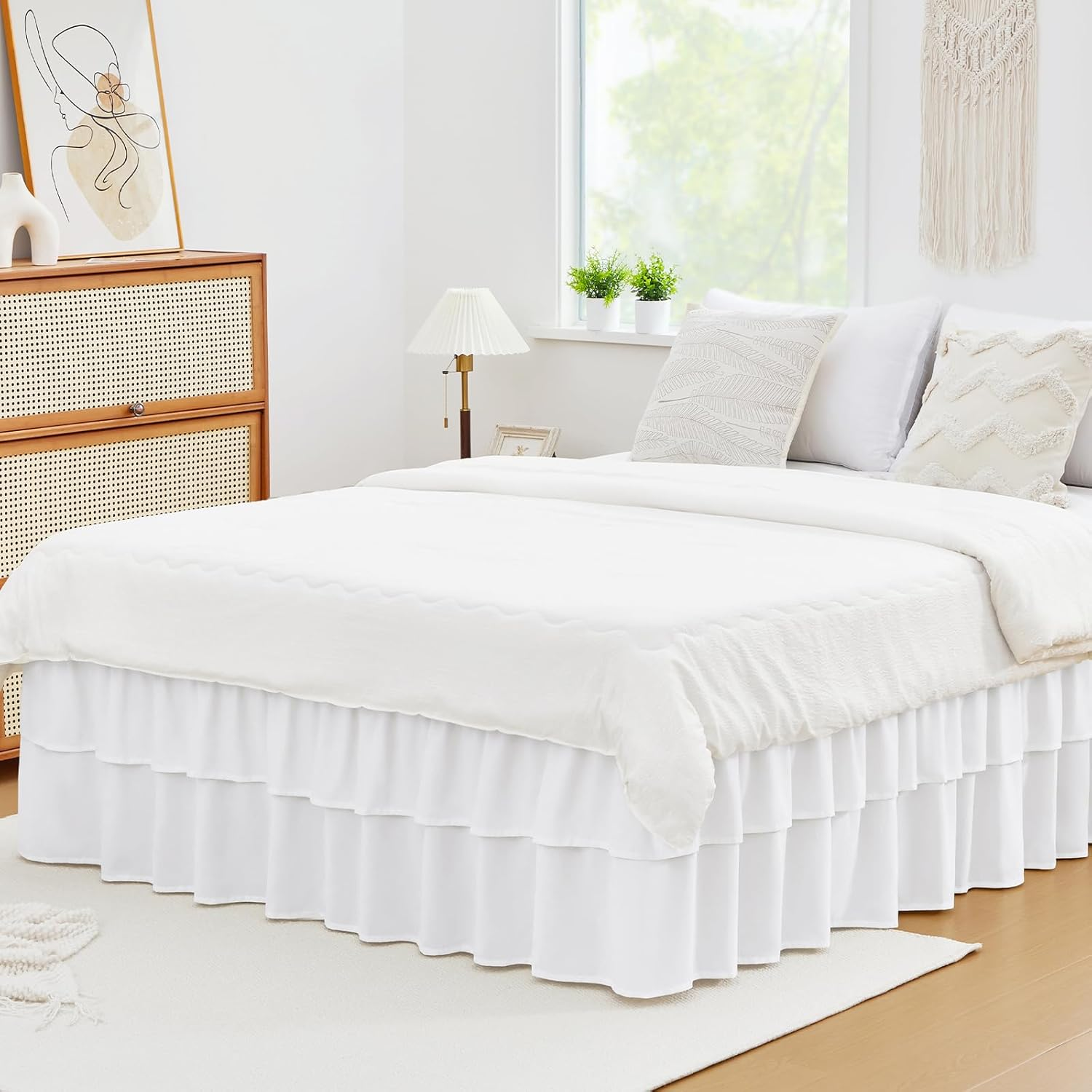 Vocander 2 Layer Bedskirt,White Queen Size Bed Skirt 18 Inch Drop Easy to Put On,Elastic Wrap around Dust Ruffle for Bed Frame & Mattress,Luxury Bedskirt for Adjustable Bed Microfiber Fabric image number 4