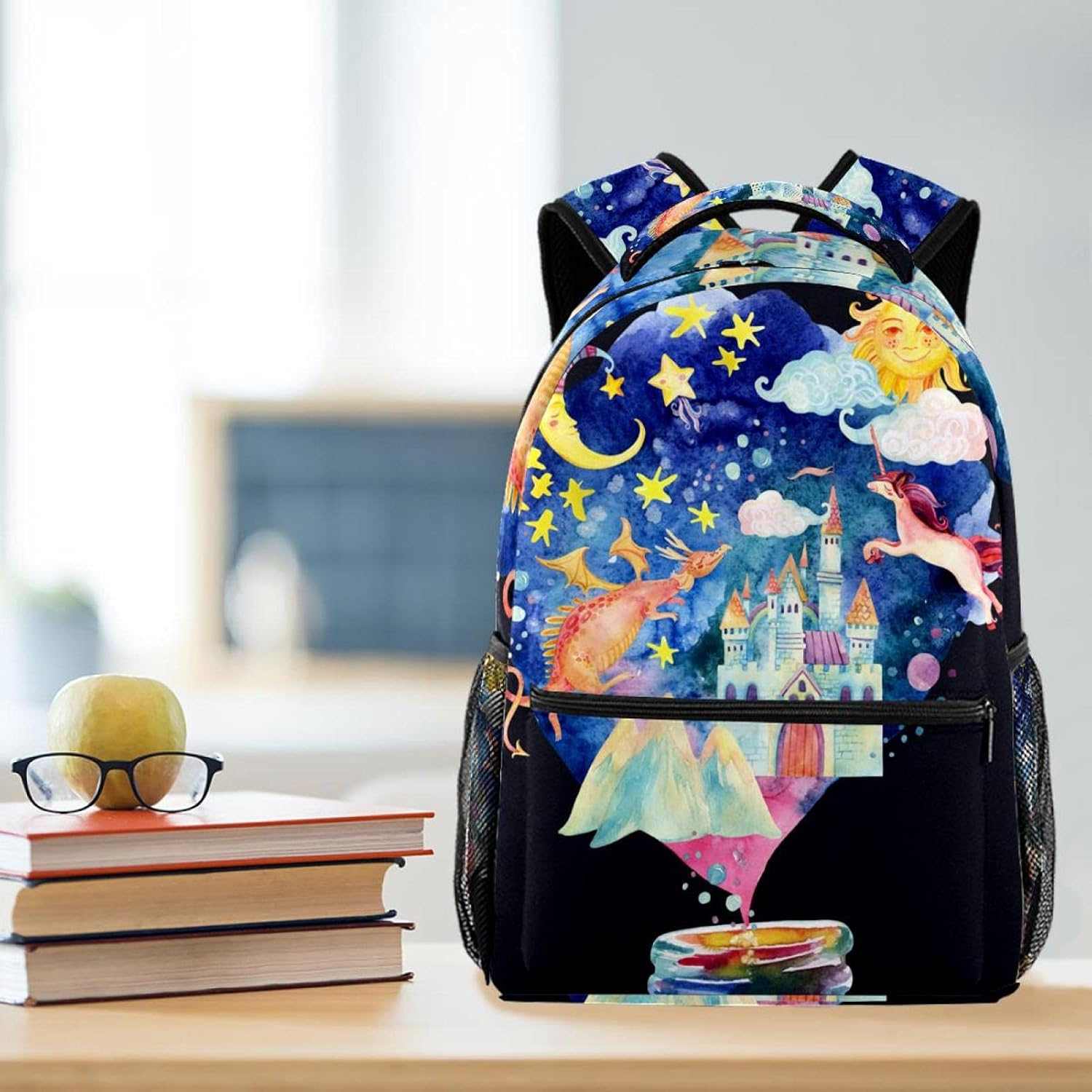 Starry Sky Moon and Sun Magic Castle Flying Dragon and Unicorn Backpack Students Shoulder Bags Travel Bag College School Tote Backpacks image number 3