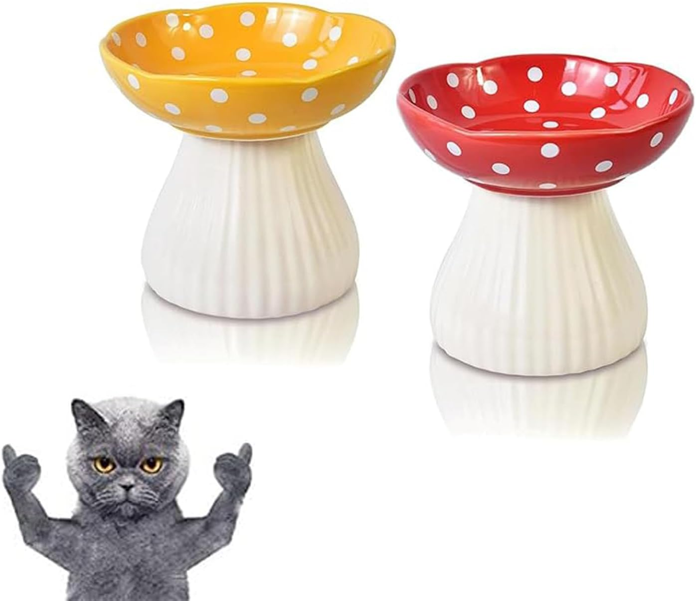 WEZCHUGHAOL 2 Pack Elevated Cat Bowls - Ceramic Raised Pet Food & Water Dishes with Non-Slip Base, Whisker Friendly Tilted Design for Flat-Faced Cats & Kittens, Mushroom Style Feeder