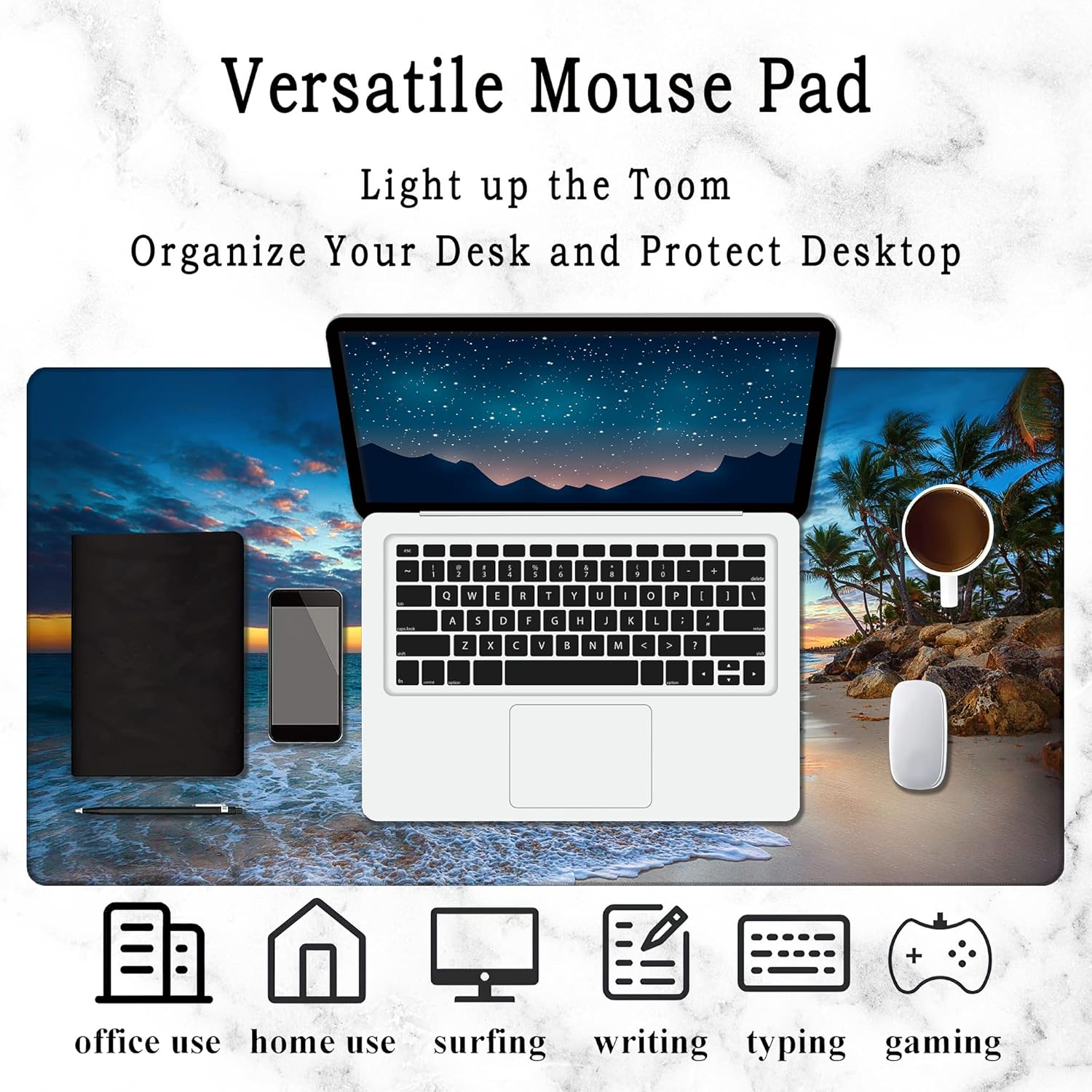 Hawaii Summer Beach Gaming Desk Mat Large,Palm Tree Sunset Extended Mousepad,Non-Slip Rubber Mouse Pad Stitched Edges,Desktop Decorative Accessories for Home Office 31.5" X 15.7" image number 6