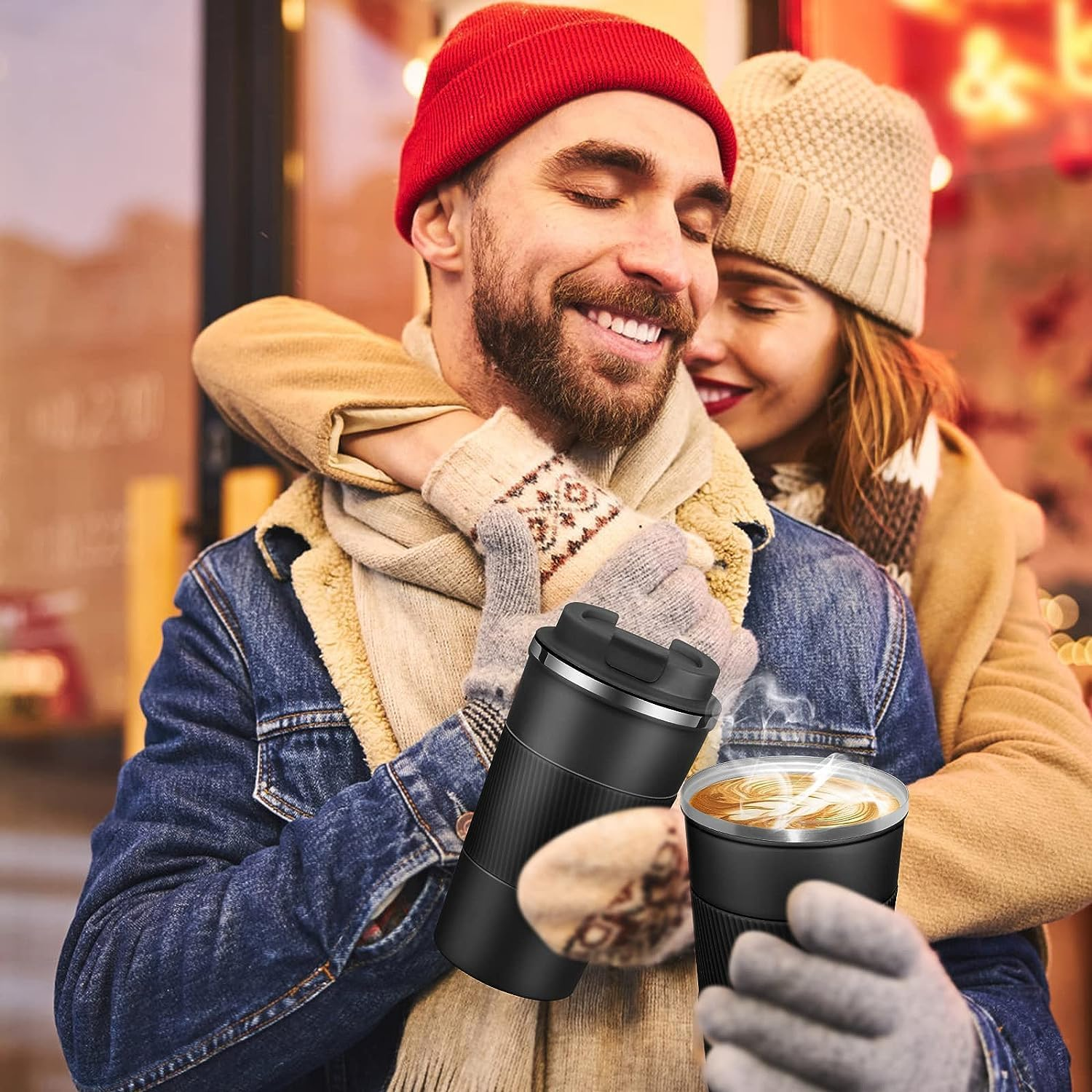 Travel Mug Reusable Coffee Cups 510Ml/17Oz Insulated Mug Thermal Tumbler to Go with Lid Leak Proof Thermal Insulated Vacuum Insulation Stainless Steel Bottle for Hot Cold Drinks (Black) - Green image number 5