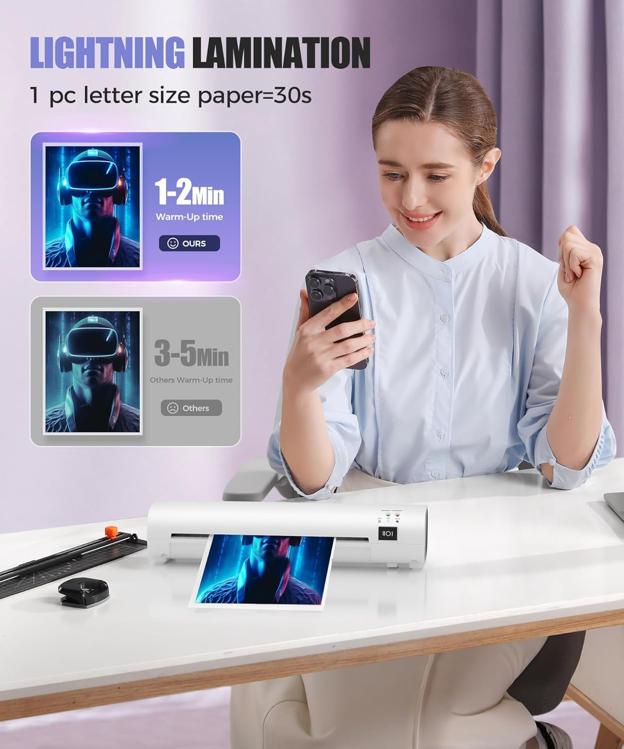 9 Inch Laminator Machine with Never Jam Technology, 15 Laminating Sheets, 4-In-1 A4 Thermal Laminator with Trimmer and Corner Rounder for Office School Home image number 3