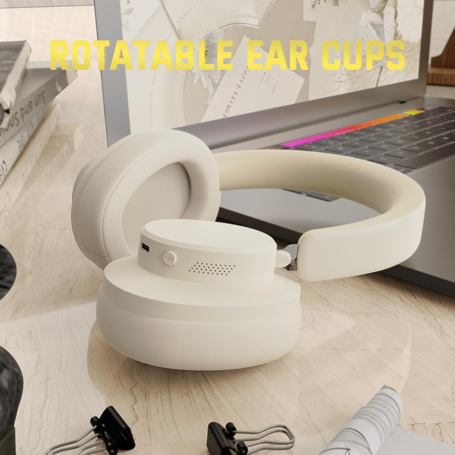 ATTACK SHARK G500 Active Noise Cancelling Wireless Headphone, over Ear Bluetooth Headset with Built-In Mic, BT5.3 & 3.5MM Wired Dual Mode, Lightweight Foldable, On-Ear Style for Home/Office - Beige image number 2