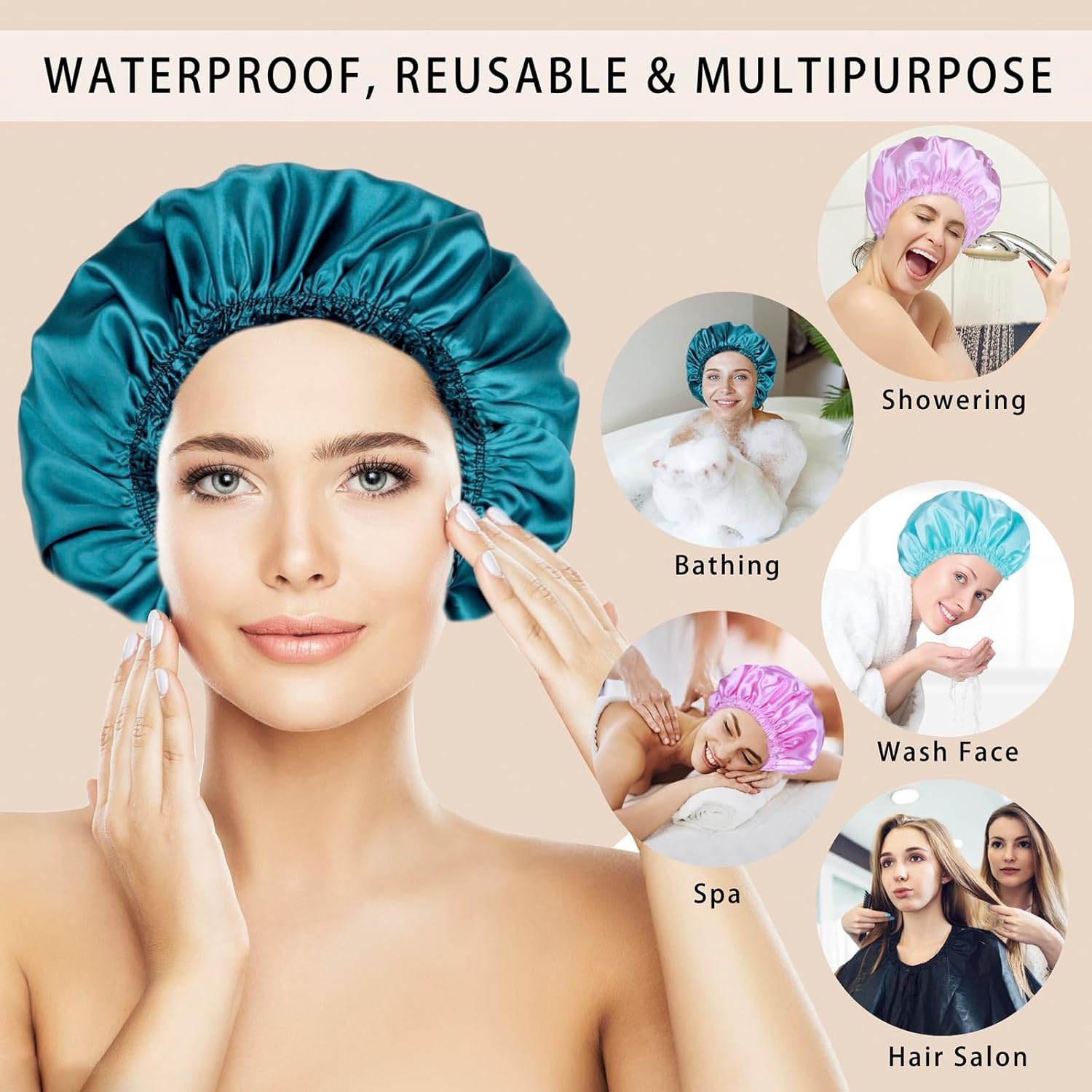 Shower Caps for Women, 4 PCS Elastic and Reusable Bath Caps, Double Waterproof Layers Shower Cap, Bathing Shower Caps, Environmental Protection Hair Bath Hat - Solid Color - Floral image number 6
