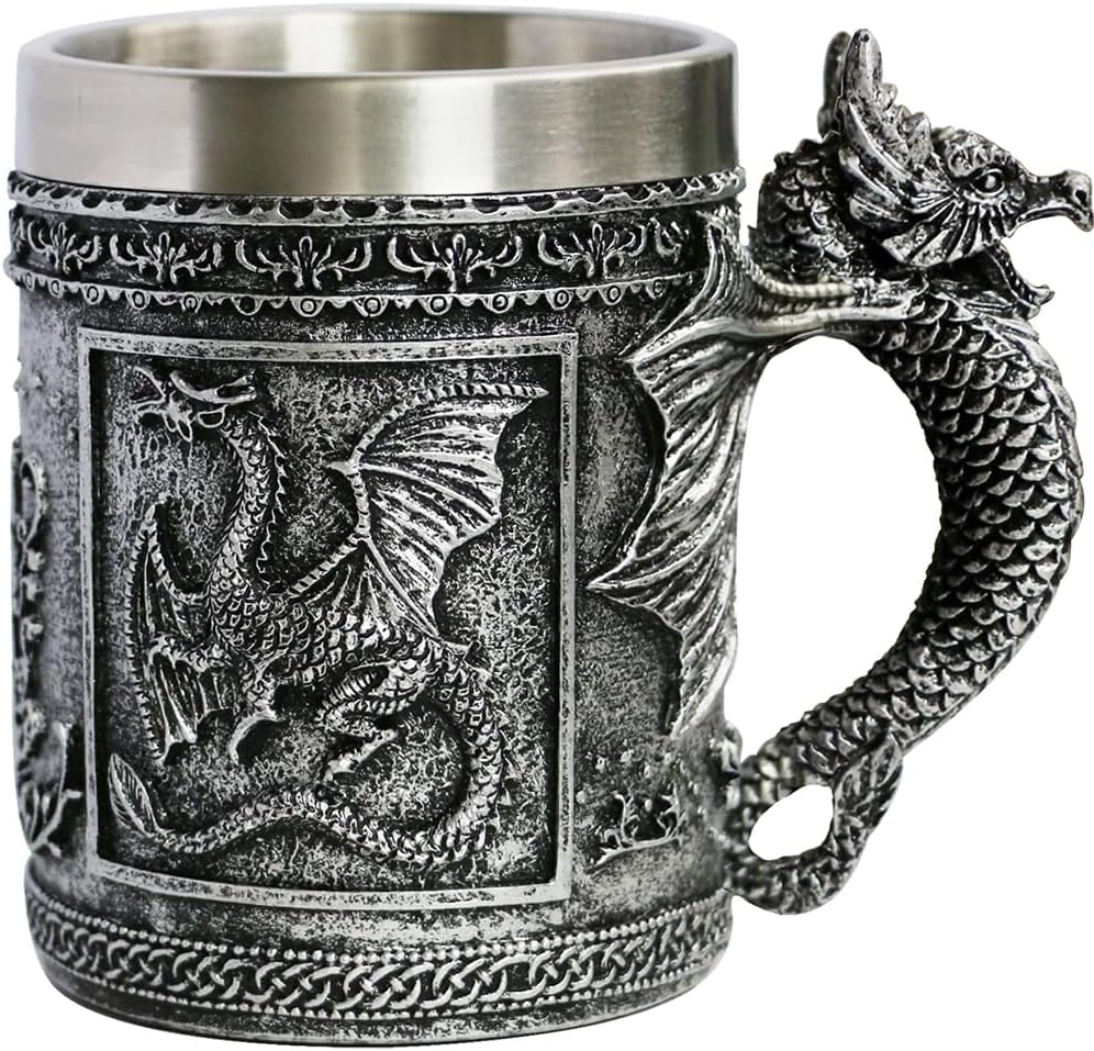 Medieval Roaring Dragon Mug - Dungeons and Dragons Beer Stein Tankard Drink Cup - 15.8Oz Stainless Coffee Mug for GOT Dragon Lovers Collector - Ideal Novelty Gothic Father Day Gift Party Decoration image number 4