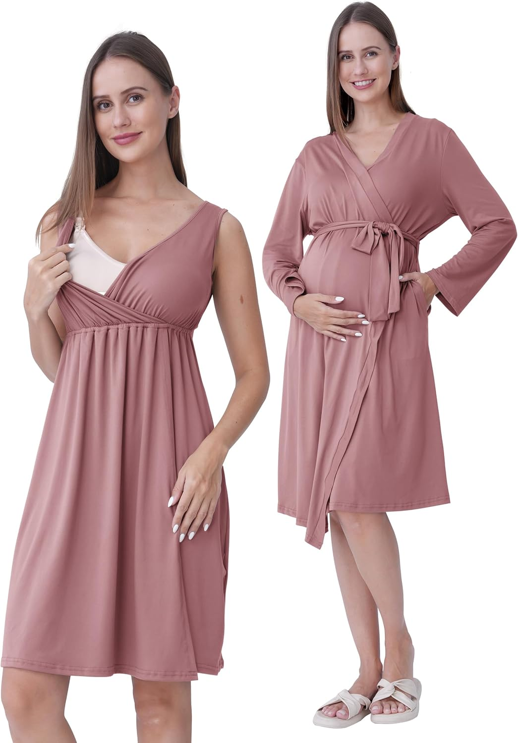 SUNNYBUY Maternity and Nursing Nightdress with Dressing Gown 2-Piece 3-In-1 Pregnancy Night Dress Set for Birth, Postpartum and Breastfeeding, Hospital Sleepwear