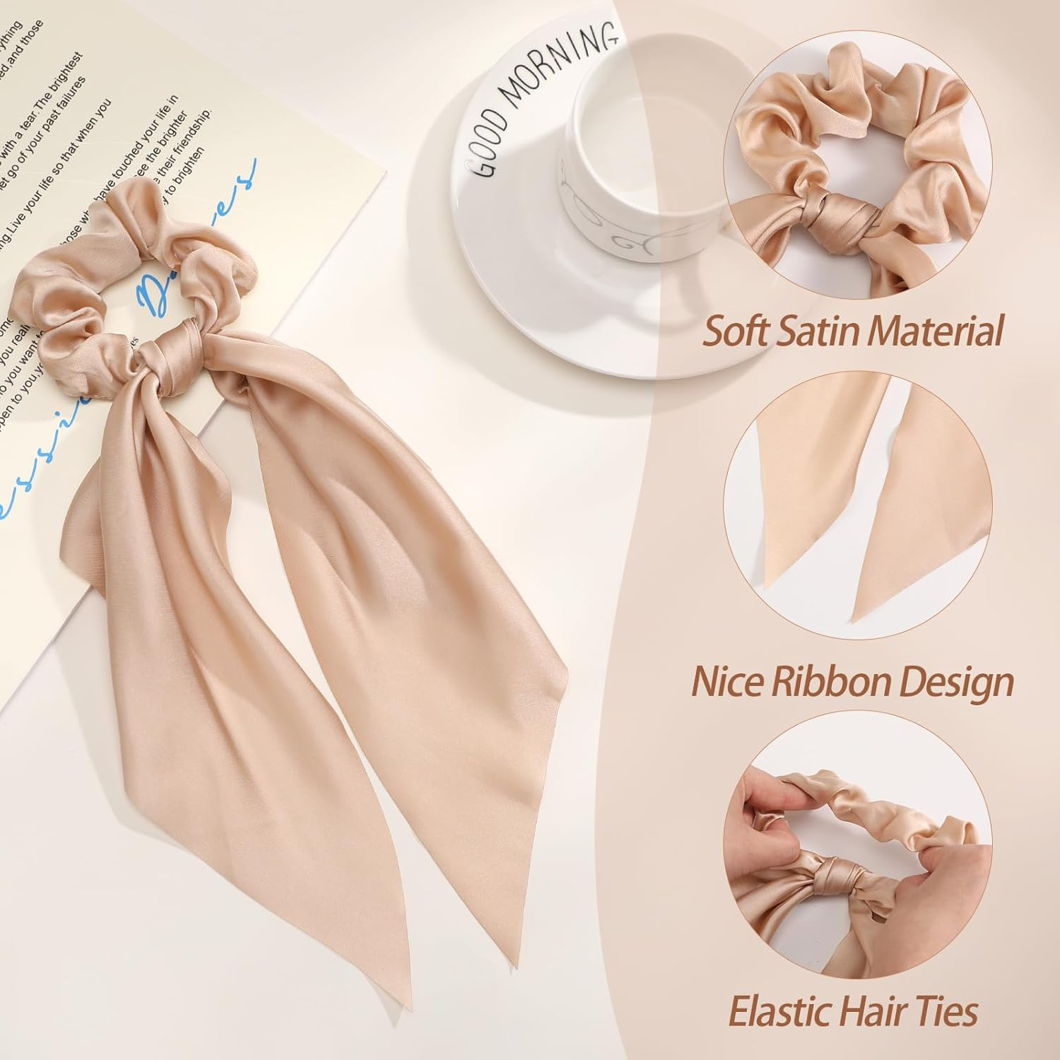 6 PCS Bow Silk Scrunchies, Hair Ties with Bows, Hair Scrunchies for Women Girls, Knotted Bows Silk Hair Ties, Satin Hair Ribbon Elastic Hair Tie, Valentine'S Day Gifts image number 4