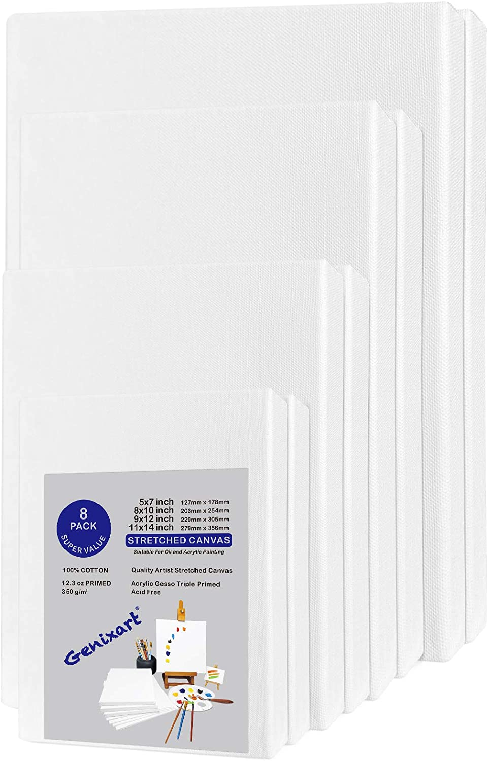 Genixart White Blank Stretched Canvas, Primed Professional Artist Canvases for Acrylics & Oils Painting (8Pcs Multipack) image number 4