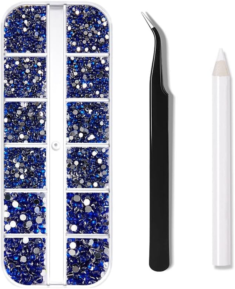 1200 Pieces Nail Art Street 3 Sizes Flatback Gemstones, with Pick-Up Tweezers and Rhinestone Pointer Transparent round Crystal Rhinestones for Nail Art Clothing Crafts (Navy Blue) image number 2