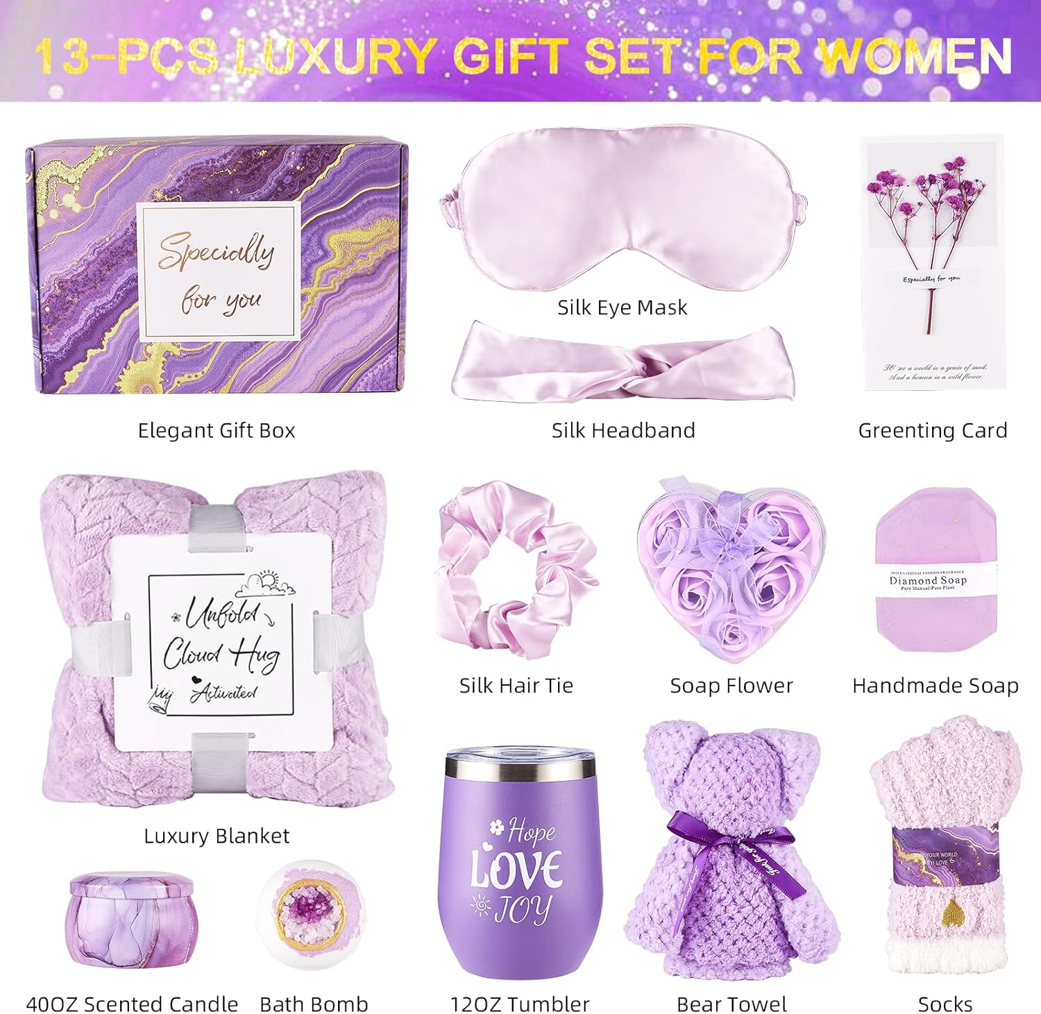 Luxury Lavender Birthday Gifts for Women &ndash; Purple Self Care Spa Gift Basket with Flannel Blanket &ndash; Relaxing Get Well Soon Gifts Set for Mom, Wife, Sister, Friend image number 4