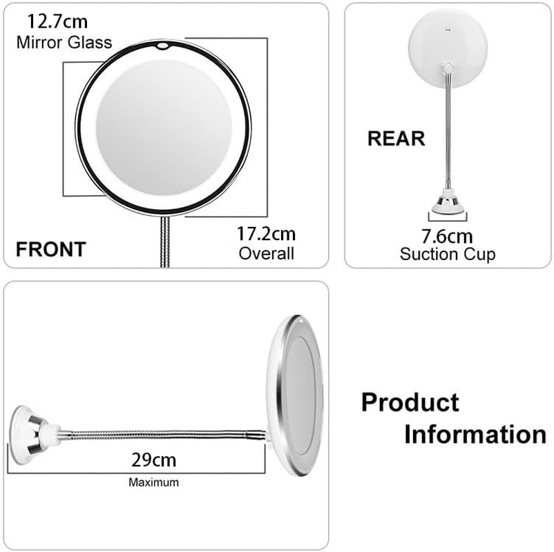 10X Magnifying Makeup Mirror with LED Light, 360&deg; Rotating Flexible Gooseneck, Suction Cup Wall Mount image number 2