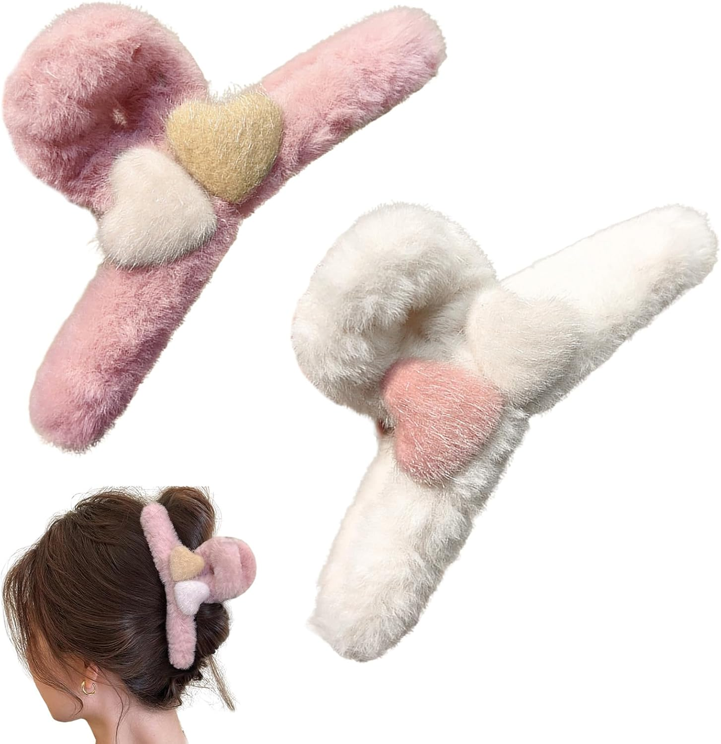 Cutitiuu 2 PCS Large Faux Fur Hair Claw Clip,Plush Heart-Shaped Grabber,Plush Hair Clips Fluffy Grab Clips Large Furry Shark Clips, Fluffy Fleece Catch Barrette Jaw Clamp (White + Pink)
