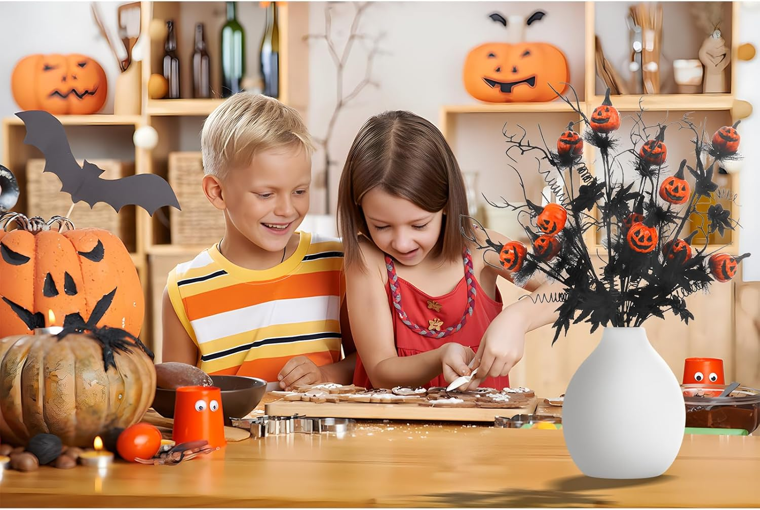 Rosecraft 5PCS Halloween Decorations, 19.5Inch Artificial Pumpkin Maple Leaf Floral Stems Halloween Branches Decoration, for Home Indoor Party Vase Arrangement Decor（Black/Orange）. image number 1