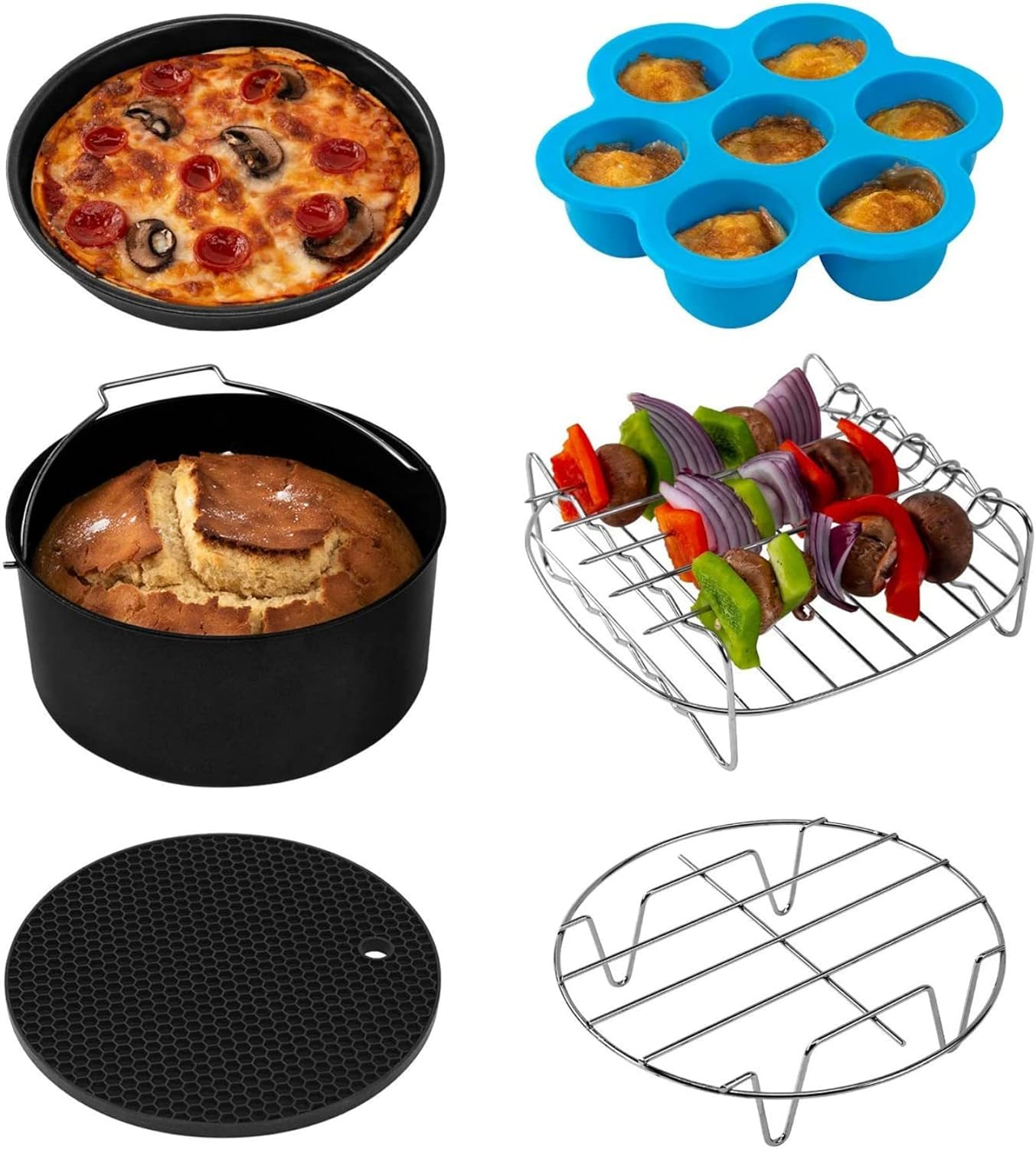 COSORI Air Fryer Accessories Set, Fit All of Brands 5.5 L, Pack of 6 Including Cake Pan/Pizza Pan/Metal Holder/Multi-Purpose Rack with Skewers/Silicone Mat/Egg Bites Mold with Lid image number 4
