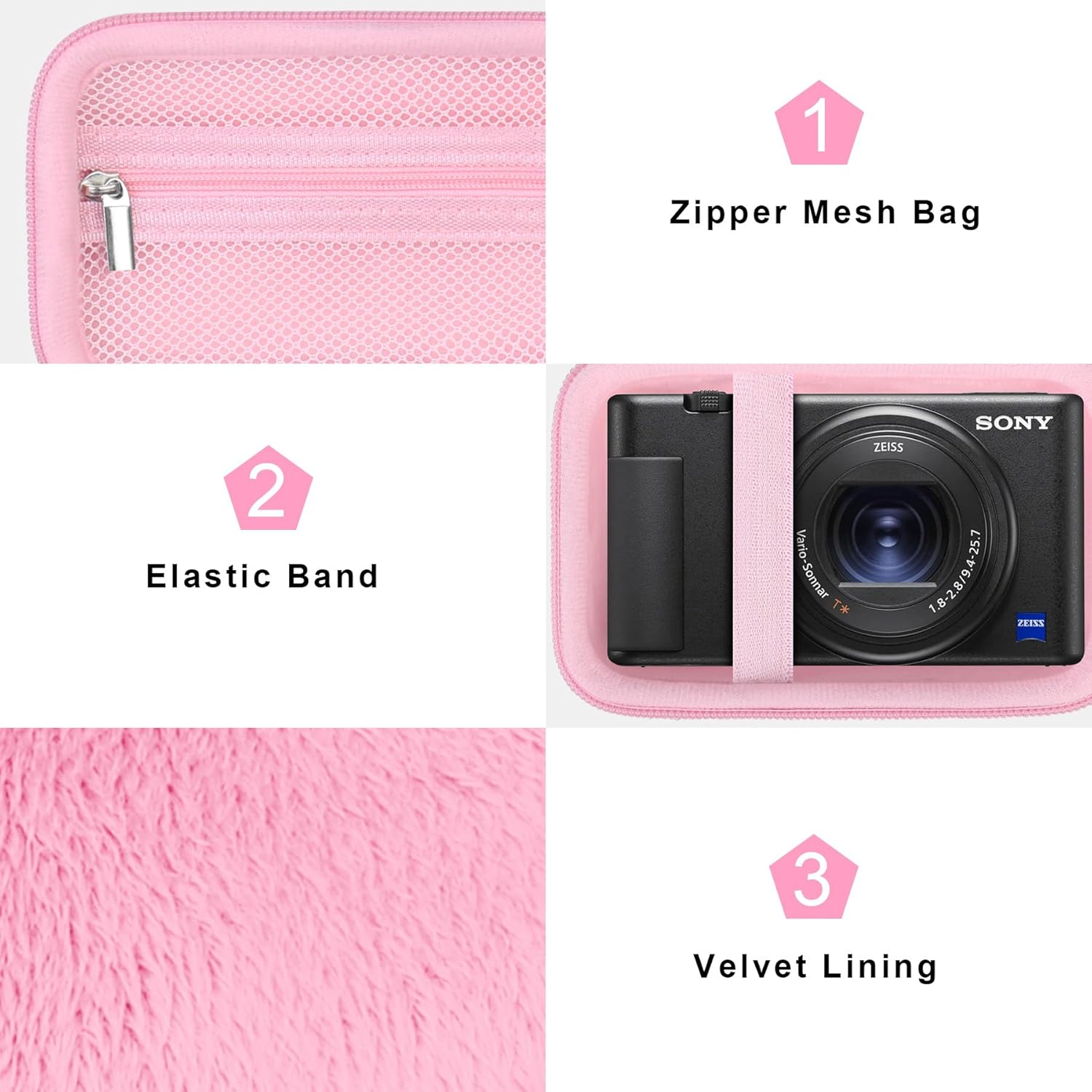 Canboc Carrying Case for Sony ZV-1/ ZV-1F/ ZV-1 II Digital Camera for Content Creators, Sony ZV1 Vlogging Camera Bag, Zipper Mesh Pocket Fits USB Cable, Batteries, Pink image number 6