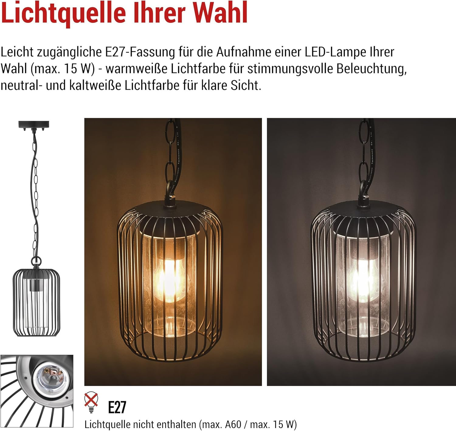 EMOS - Salvia Outdoor Pendant Light for Home and Garden with E27 Socket - Waterproof Pendant Light for E27 Bulb Max. 15 W - Steel Body for Ceiling Mounting image number 3