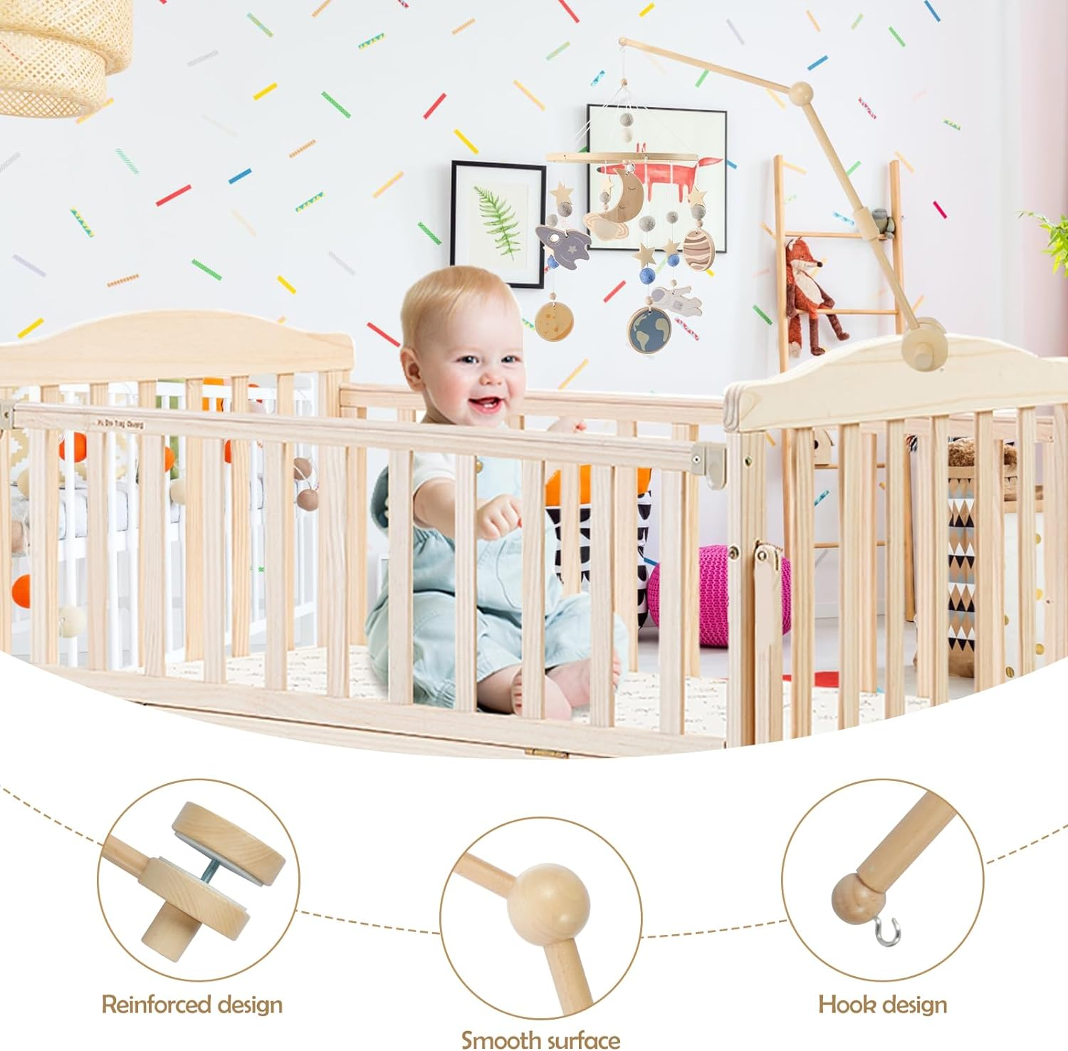 33.7Inch Baby Crib Mobile Arm Wooden Crib Mobile Holder Non-Skid Crib Mobile Bed Bell Holder Arm Nursery Mobile Hanger DIY Baby Crib Mobile Holder for Crib Nursery Decor Infant Toy image number 5