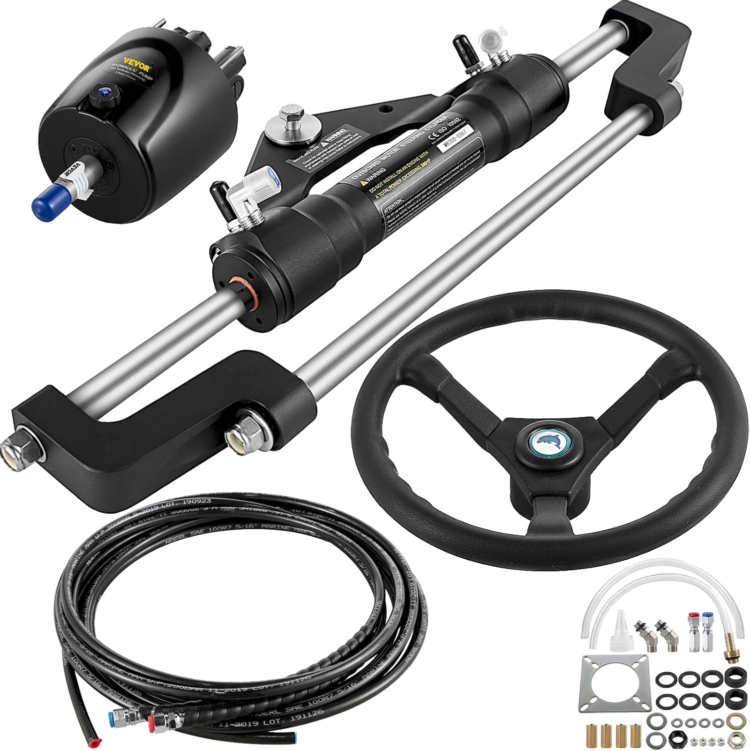 VEVOR Hydraulic Boat Steering Kit, 300HP Hydraulic Steering Helm Pump, Aluminum Alloy Steering Cylinder, 13.5" Steering Wheel with 10" Hydraulic Steering Hose for Boat Steering System