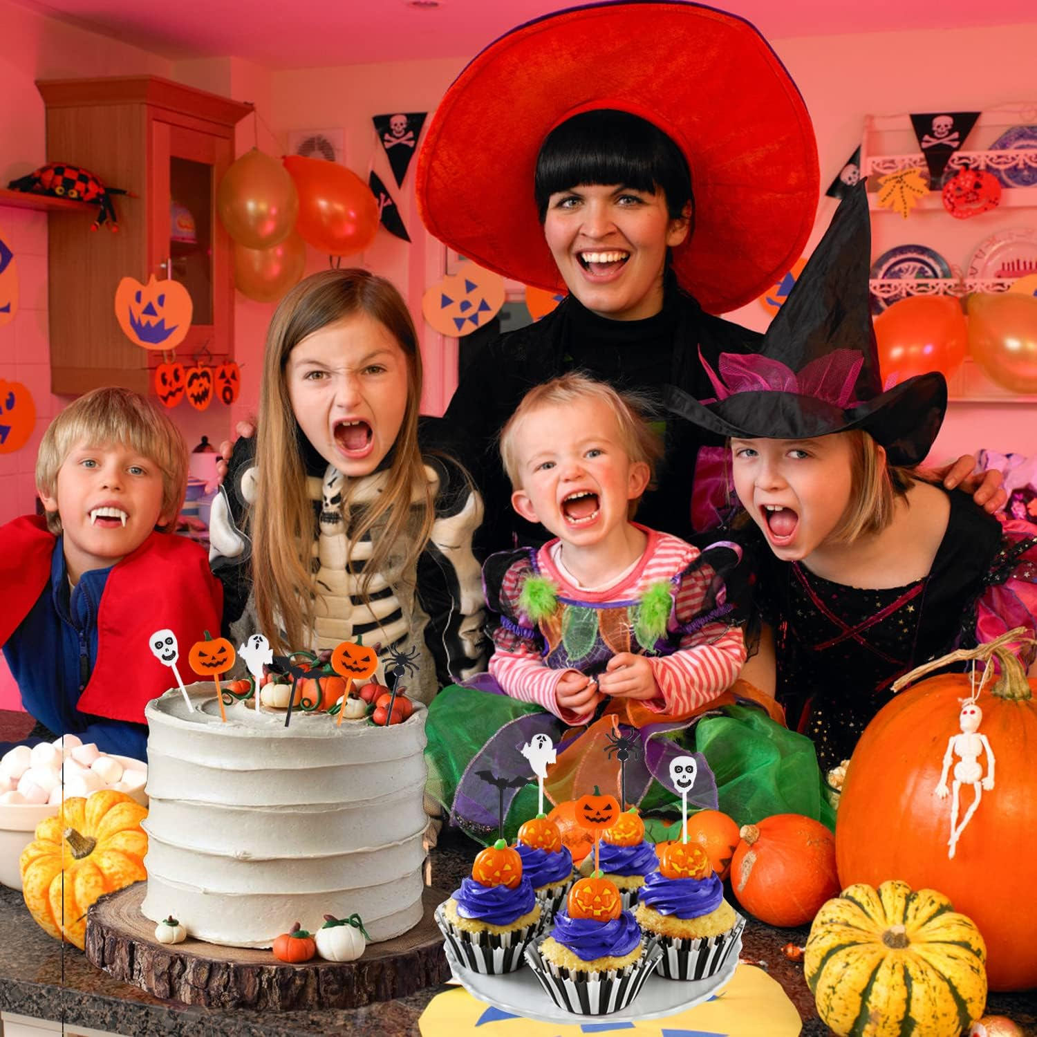 KIMOBER 50PCS Plastic Halloween Cupcake Toppers,Pumpkins,Ghosts,Spiders,Bats,Skeletons Food Picks for Halloween Decorations image number 6