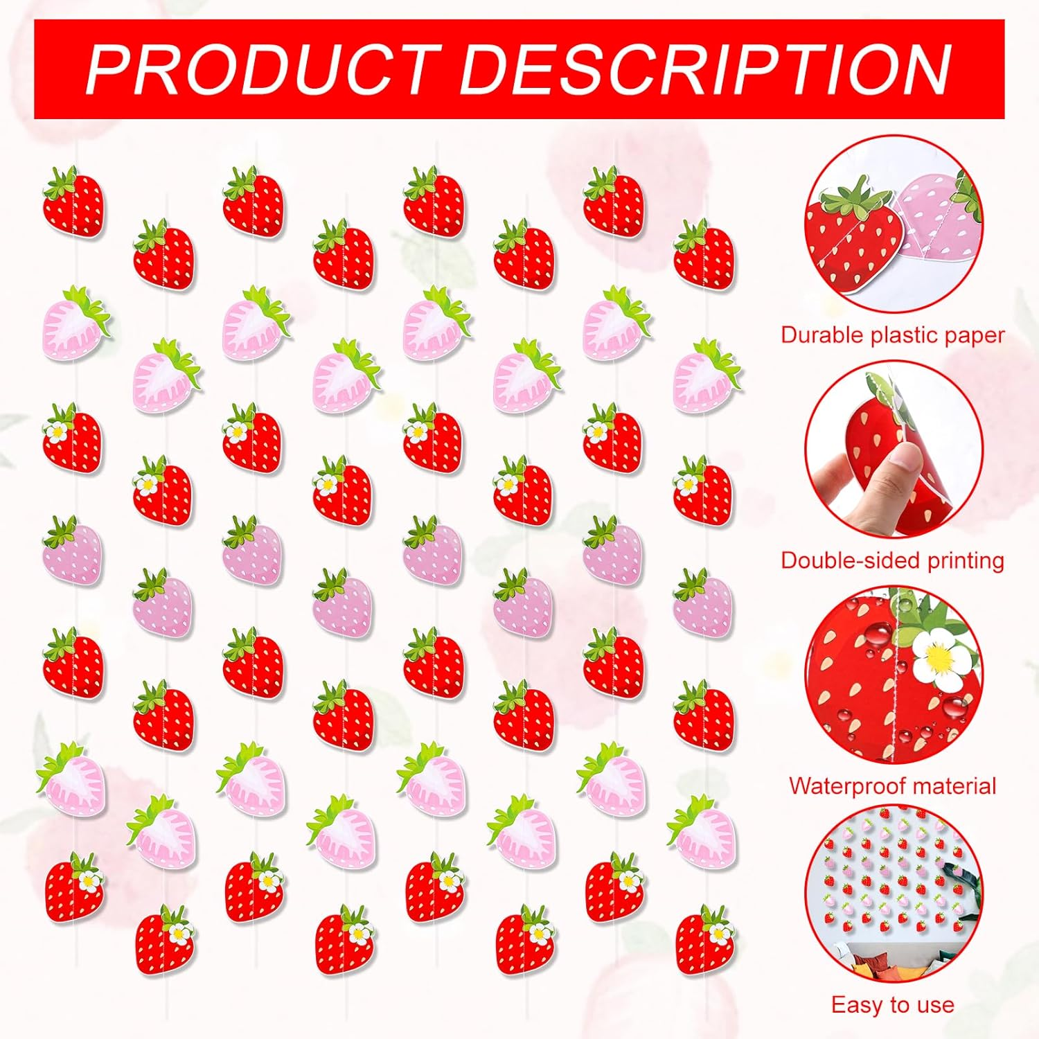 8Pcs Strawberry Banners, Red Pink Strawberry Hanging Banner Strawberry Banner Garland Strawberry Party Decorations for Birthday Party Baby Shower Party Decorations image number 6