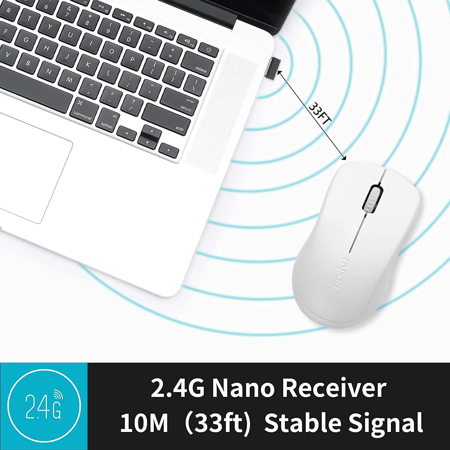 RAPOO 1680 Wireless Mouse, 2.4G Silent Mouse with USB Receiver, Ergonomic Mouse, Optical Mouse, Portable Light Computer Mice for Notebook, PC, Laptop, Computer, Long Battery Life, 1000 Dpi,Whiite - Mate Black image number 7