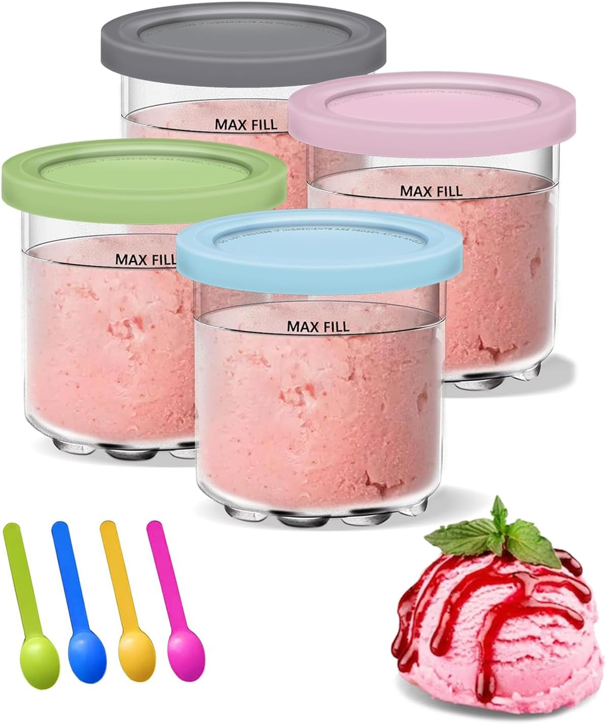 4 PACK Containers Replacement for Ninja Creami Pints and Lids, 16Oz Cup Compatible with NC301 NC300 NC299AMZ Series Ice Cream Maker, BPA Free Dishwasher Safe Leak Proof image number 6
