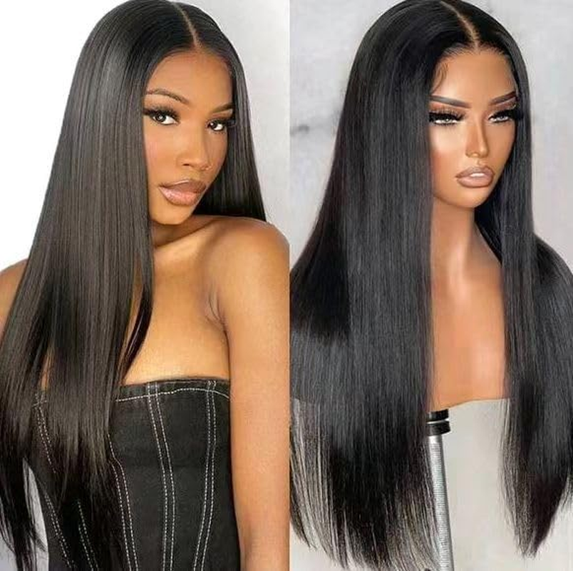 Lace Frontal Wigs Glueless Long Silky Straight Narutal Black Ready to Go Wig Precut Lace Pre-Plucked Middle Part 14 Inch (Black, 14 Inch) image number 3