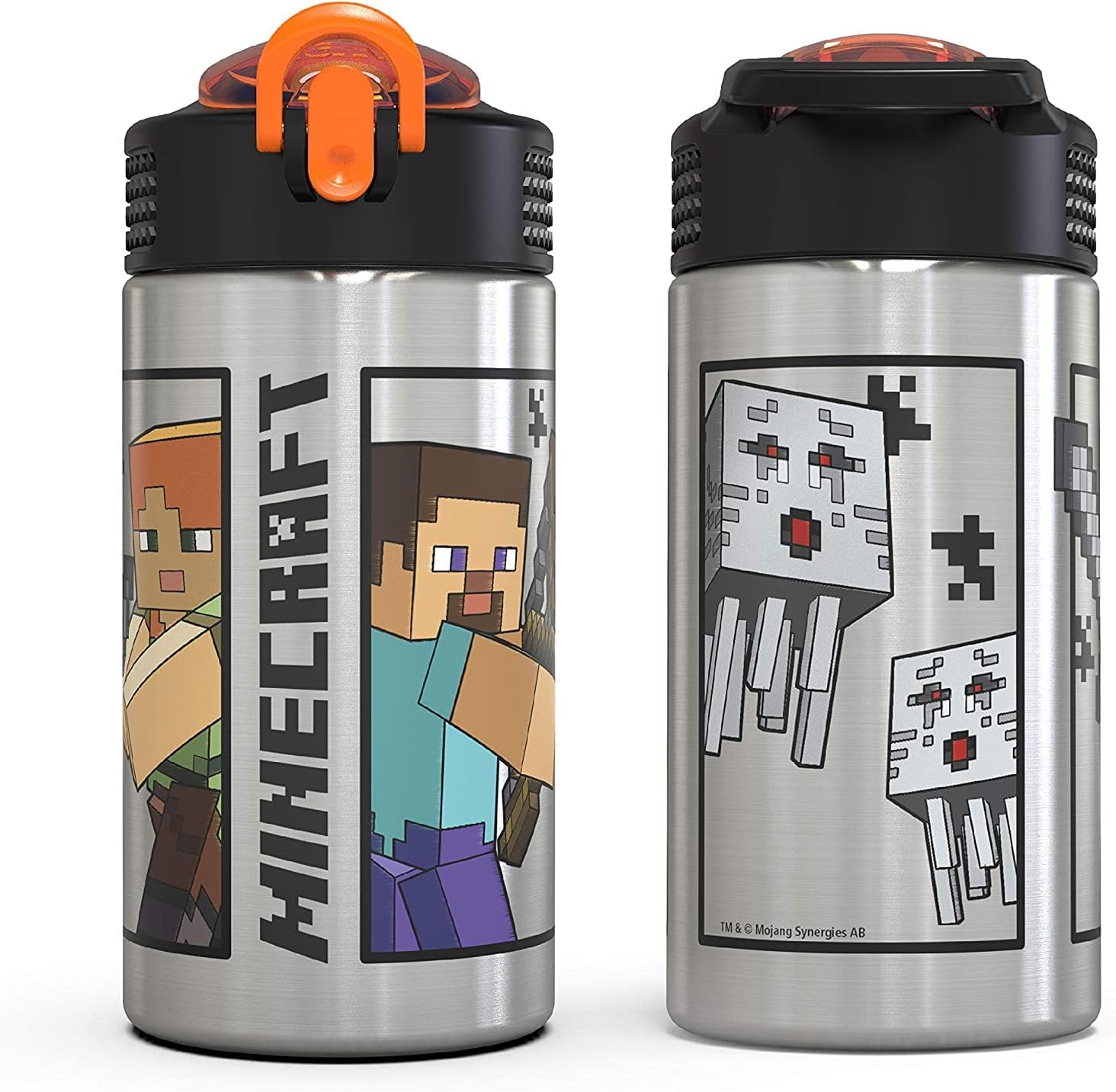 Zak Designs Minecraft - Stainless Steel Water Bottle with One Hand Operation Action Lid and Built-In Carrying Loop, Kids Water Bottle with Straw Spout Is Perfect for Kids (15.5 Oz, 18/8, Bpa-Free) image number 3