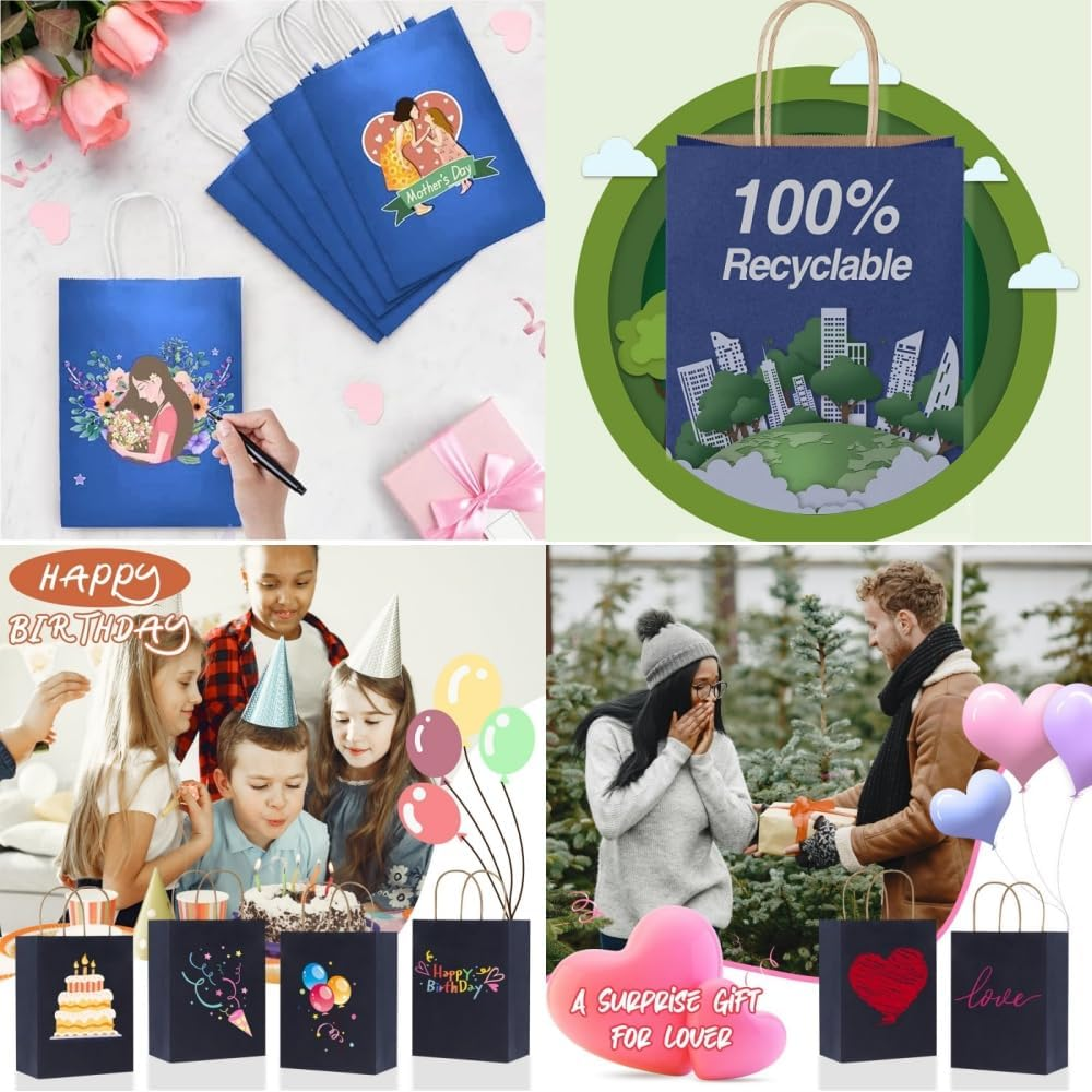 HIDOSNG 60 Pcs Paper Bags with Handles,15 * 8 * 21Cm Kraft Paper Bag for Wedding Party Favor,Shopping Lunch, Halloween Trick-Or-Treat(Dark Blue) image number 3