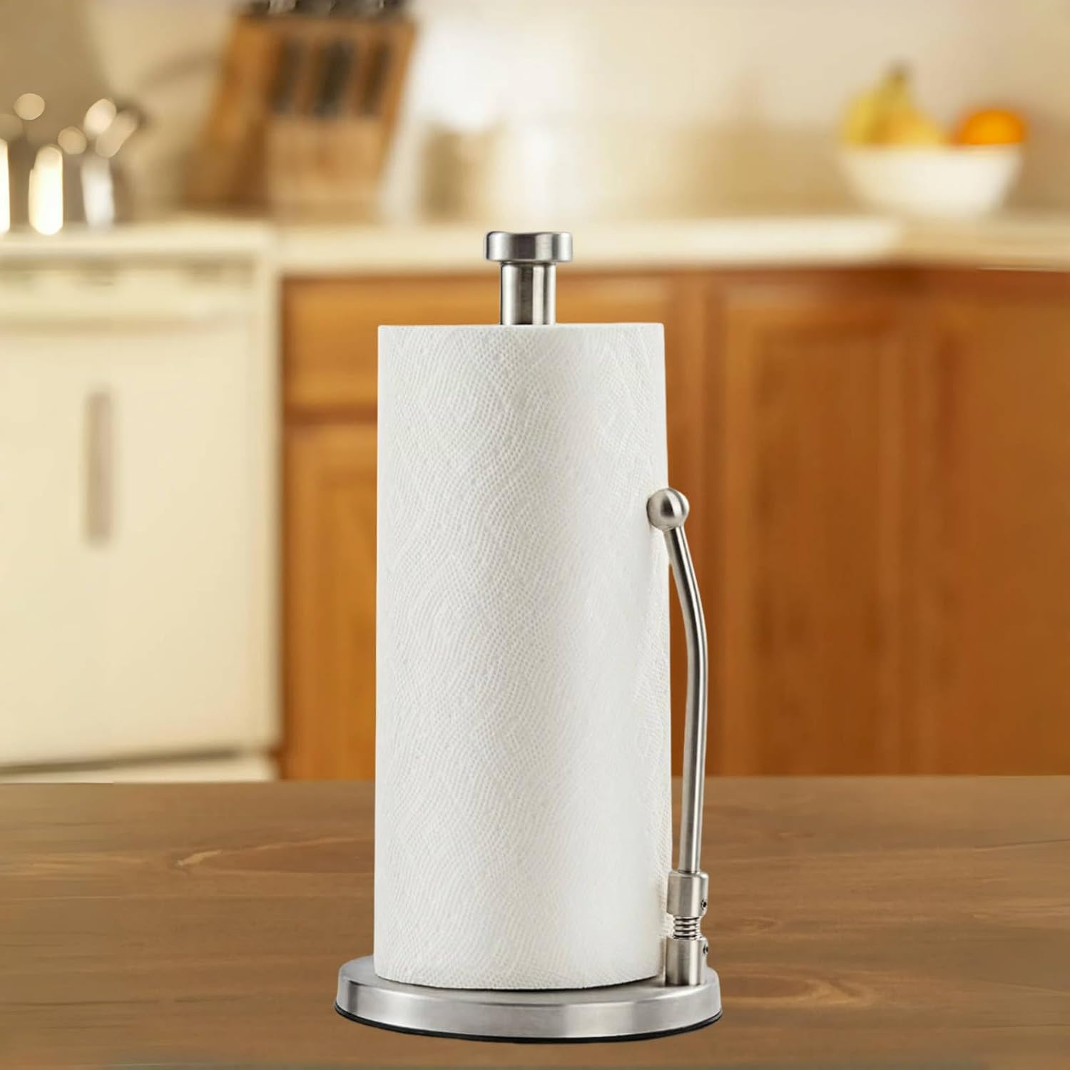 Paper Towel Holder, Non Slip Paper Towel Dispenser Standing Weighted Base,Spring Arm for Easy Tear, Stainless Steel Paper Towel Holder for Home Kitchen Countertop Tabletop image number 1