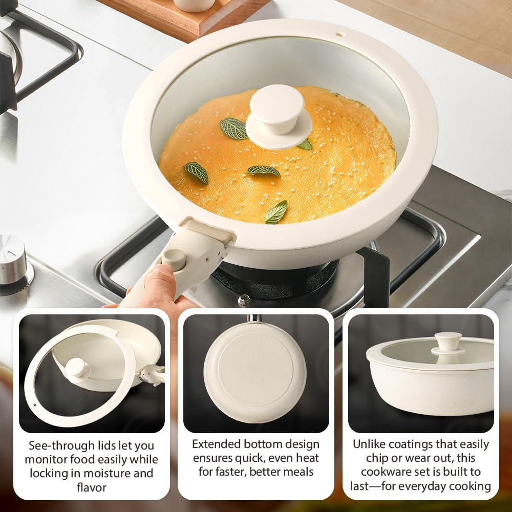 ZUNI 20Pcs Pots and Pans Set, Nonstick Cookware Sets Detachable Handle, Non-Toxic Kitchen/Rv Cooking Set with Frypan, Saucepan, Grill Pan, Dishwasher Safe, PFOA PFOS Free image number 6