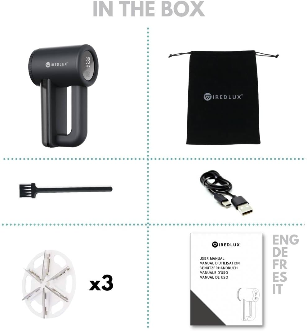 Electric Lint Remover Wiredlux - Rechargeable Fabric Shaver Bobble Remover for Clothes & Furniture - Adjustable 3-Speed, 6-Leaf Blade, LED Display, USB Charging (Black) image number 3