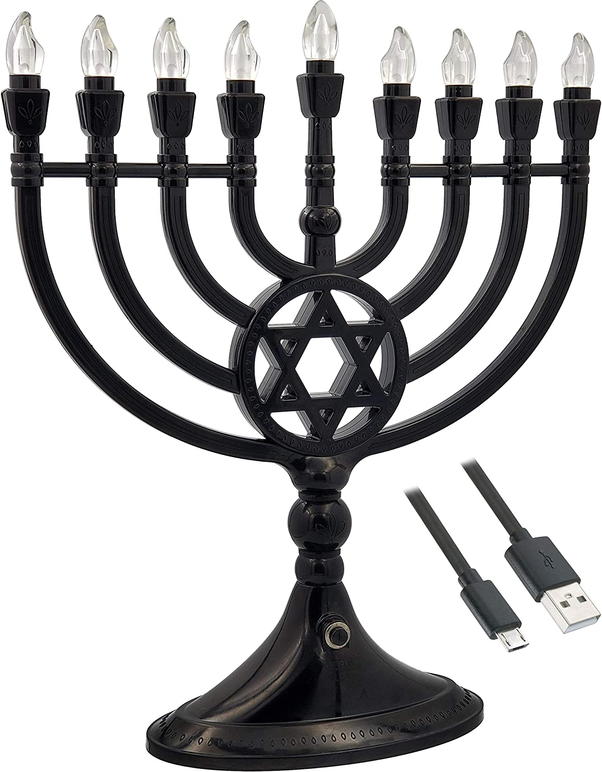 Traditional LED Electric Gold Hanukkah Menorah with Crystals - Battery or USB Powered - Includes a Micro USB 4' Charging Cable