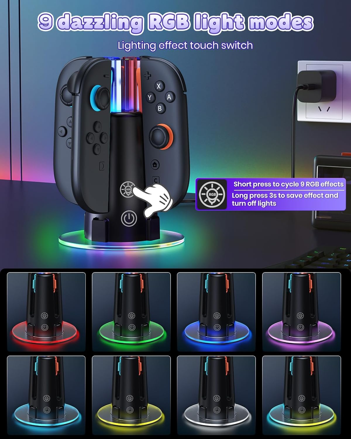 [Switch 2/1 Both] Controller Charger Dock Station, 8 in 1 Dual-Direction Magnetic Vertical Charging Stand for Joycon 2 Witch Transparent Acrylic Display Base & LED Indicators for Nintendo Switch 2/1 image number 4