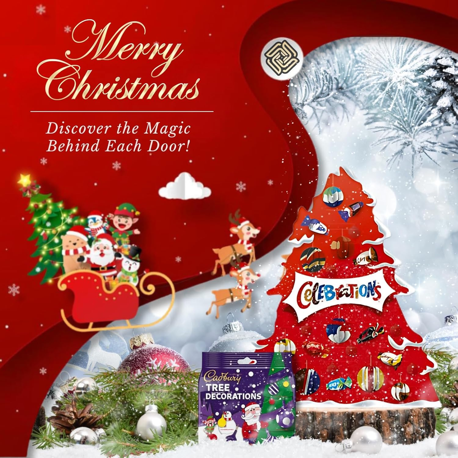 Chocolate Advent Calendar 2024 with Celebrations Chocolate Christmas Tree Advent Calendar 215G and Cadbury Chocolate Tree Decorations 72G Bundle with Fancy Labels Christmas Card image number 4