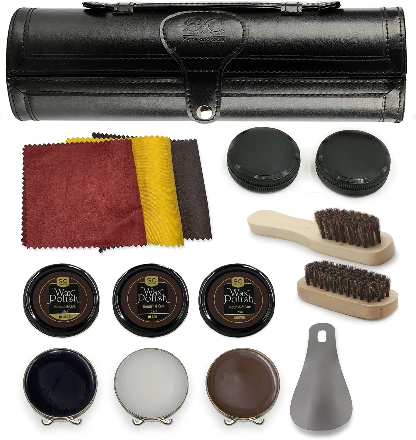 Stone & Clark 12PC Shoe Polish & Care Kit, Leather Shoe Shine Kit with Brown Wax, Shoe Brushes for Polishing (Case: Classic Black)&hellip; image number 5