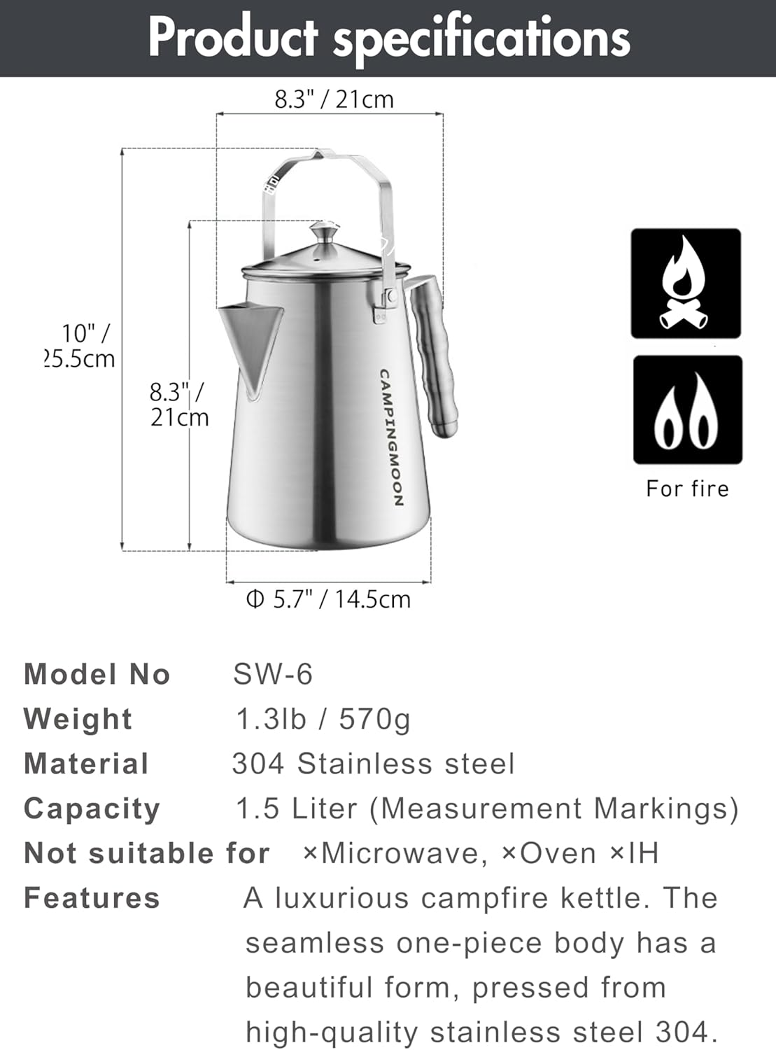 CAMPINGMOON 1.5L Campfire Kettle Stainless Steel Camping Coffee Pot Full Capacity 1.86L SW-6 image number 6