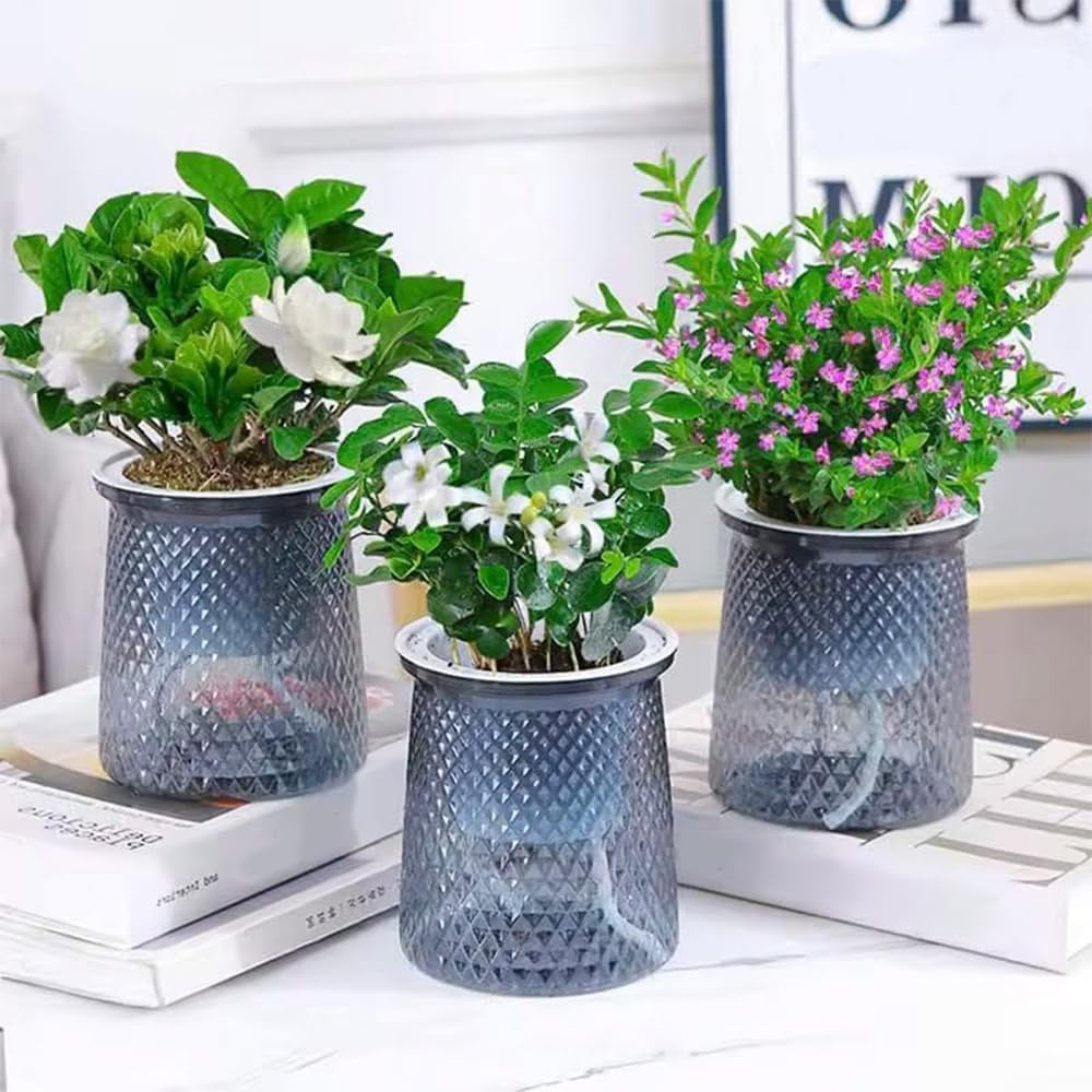 4PCS Self-Watering Planters &ndash; Transparent Double-Layer Indoor Flower Pots with Automatic Watering System &ndash; Diamond Design Plastic Planters for Orchids, Herbs, and Small Plants image number 1