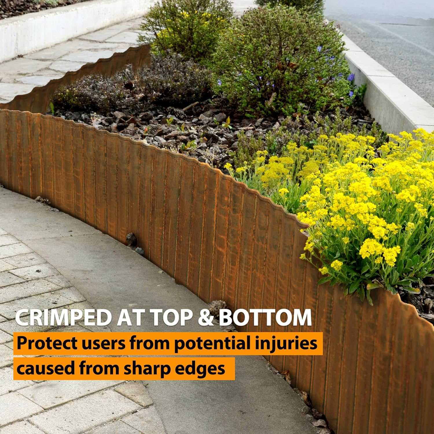 Worth Garden 20 Feet Pre-Rusted Corrugated Edging - 10" H. Sturdy Steel Landscape Lawn Edging - Bendable Metal Long Strips of Garden Border for Raised Flower Bed Tree Surrounds image number 1