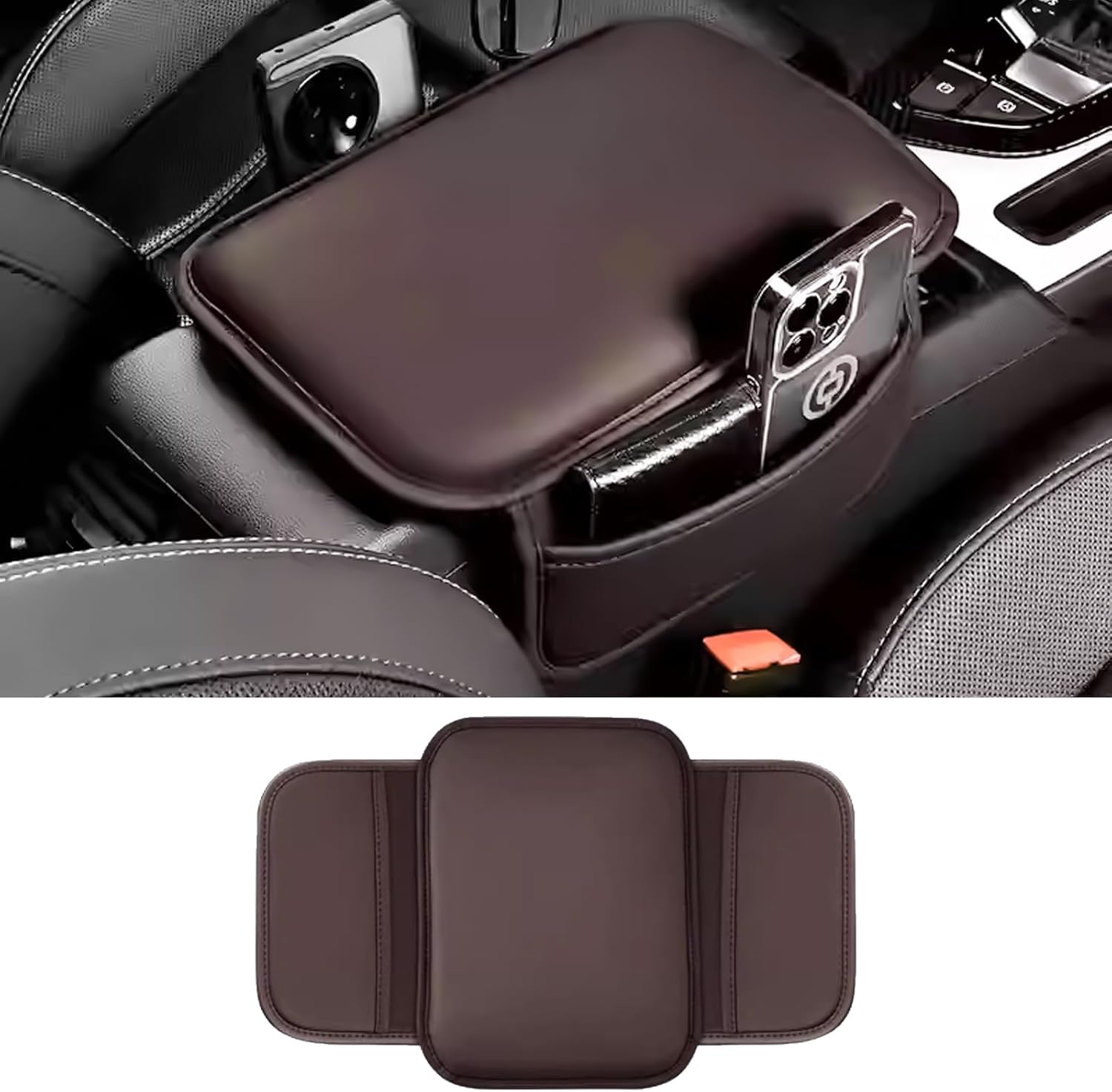 Car Center Console Cover, Leather Comfort Armrest Cover with 2 Storage Bag, Interior Car Accessories Universal Car Arm Rest Cover Pad for Car Decoration and Storage, Fit for Most Vehicle (Black)