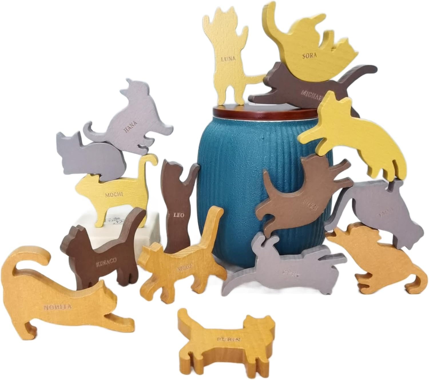 BEACENOV Wooden Stacking Toy Cats,Wooden Toys for Toddler Kids, Cat Lover Gifts,Set of Sixteen Mini Wood Cats,Educational Game,Nursery Decoration,Cute Cat Decor for Children Room,Cat Gifts for Kids